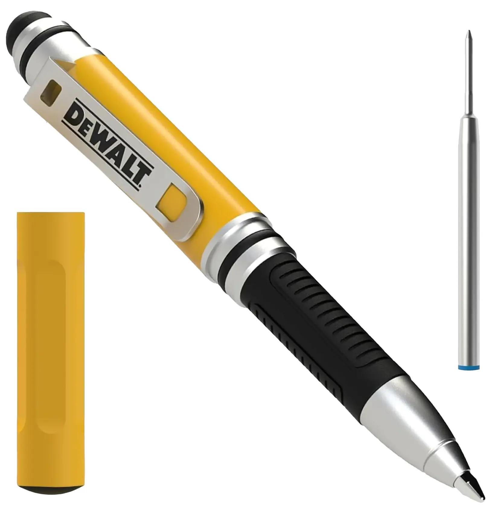 A DEWALT branded yellow and black stylus pen with a rubber grip, shown with its cap removed and placed to the side, and an additional pen refill displayed next to it.