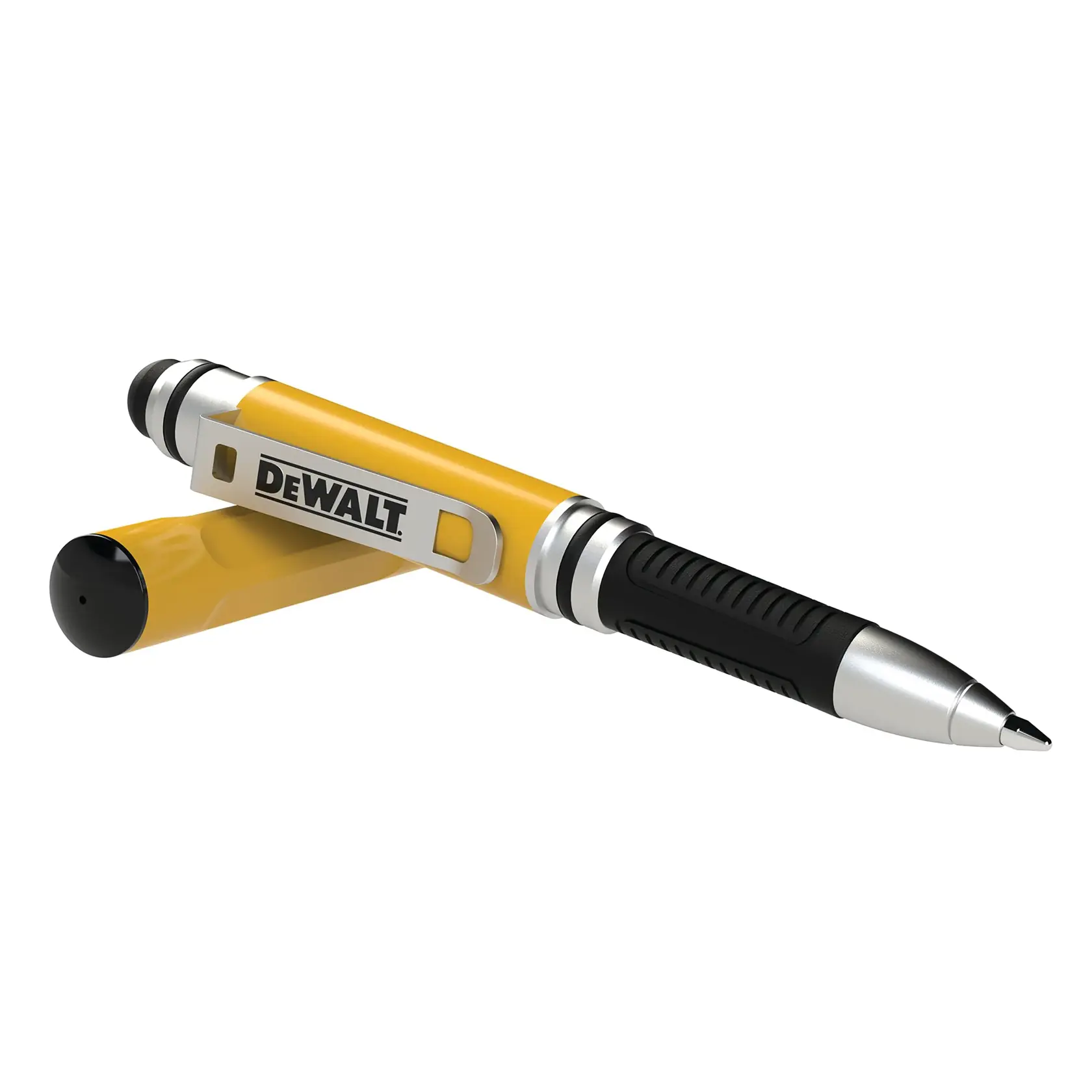 A yellow and black DEWALT branded pen with a metal clip, shown with its cap removed and placed beside it.