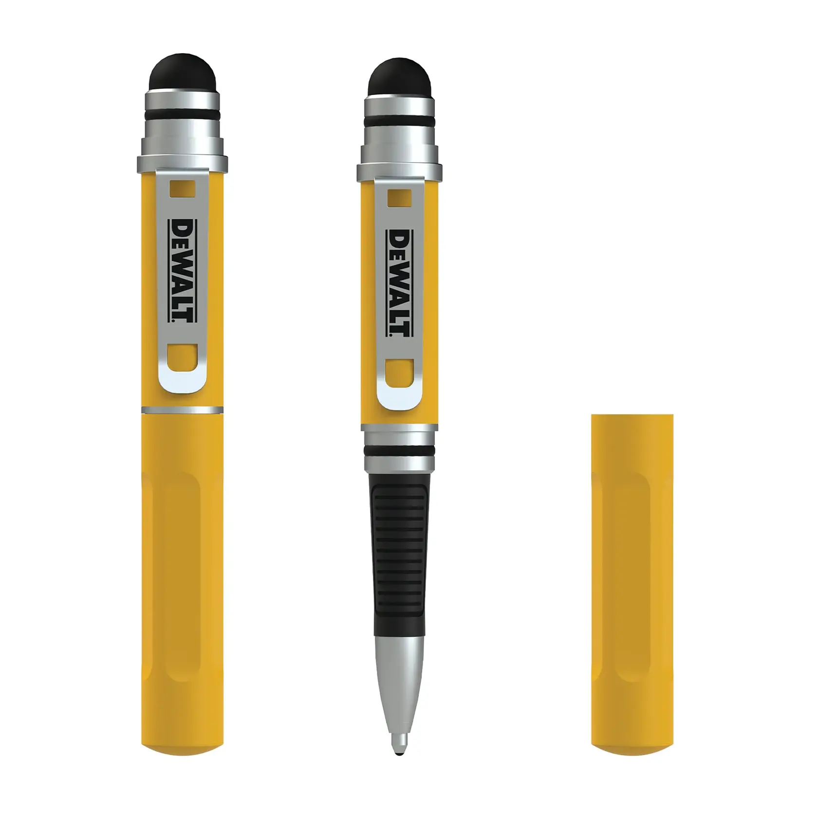 Image shows a DEWALT branded yellow and black multifunction pen. The pen includes a stylus tip, a metal clip, and a removable cap. One pen is shown with the cap on, another with the cap off exposing the writing tip, and the cap is displayed separately.
