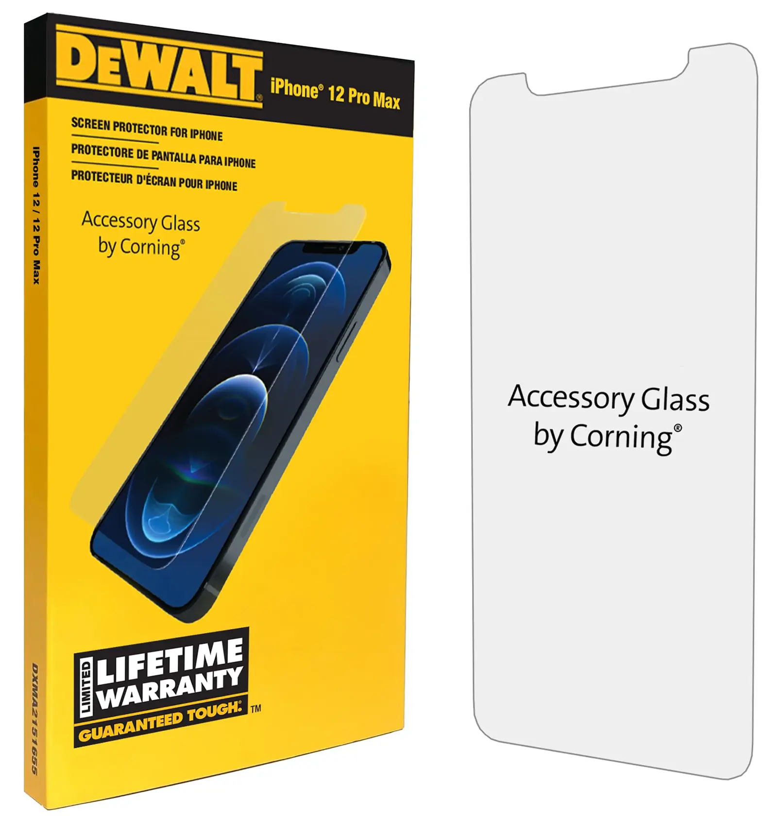 DEWALT accessory glass screen protector for iPhone 12 Pro Max, shown with yellow packaging featuring product details and warranty information, and the clear screen protector labeled 'Accessory Glass by Corning' displayed beside the box.