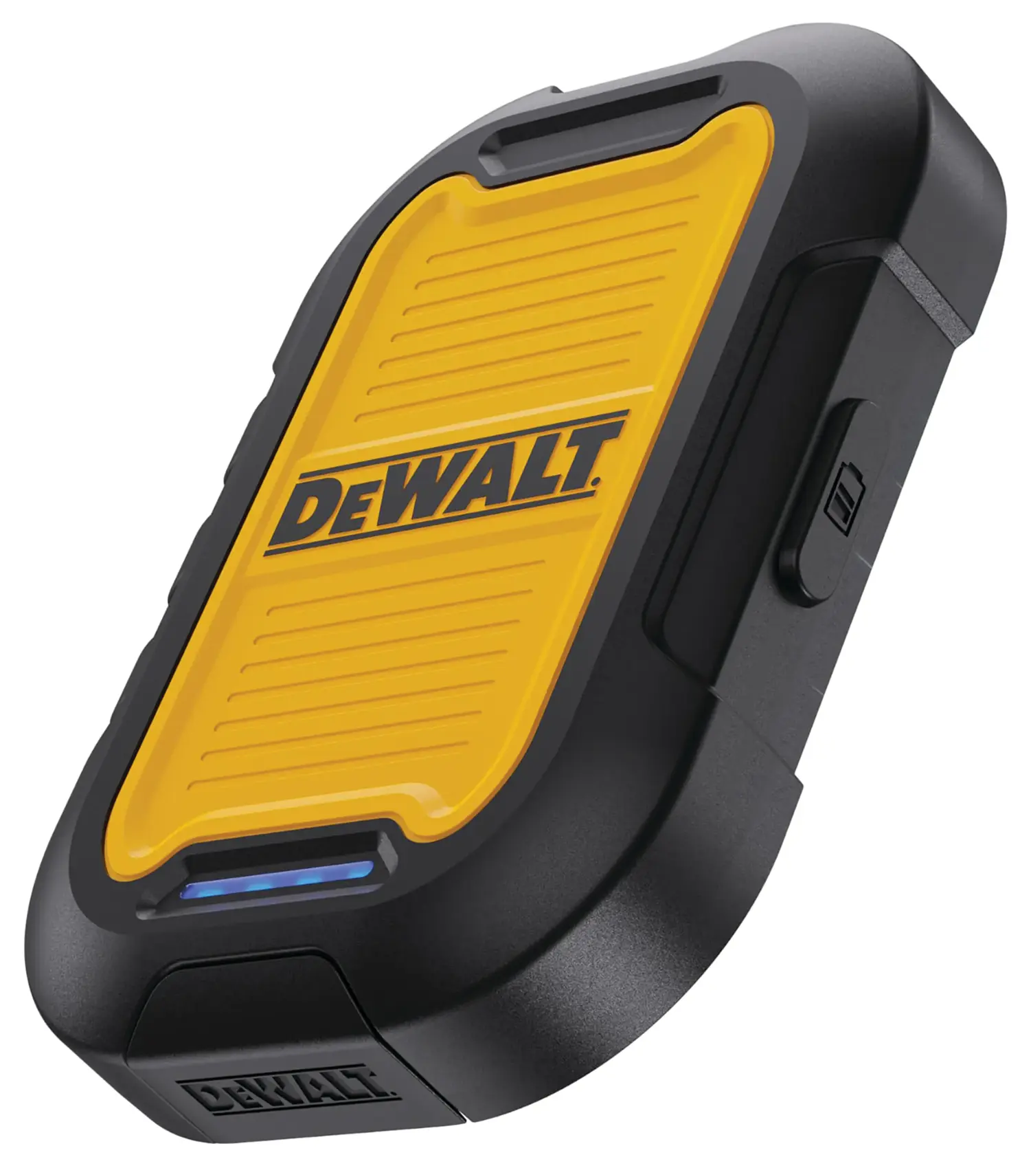A close-up view of a DEWALT branded electronic device with a yellow panel and black outer casing. The device has a textured surface, a visible switch on the side, and appears to be a compact portable accessory.