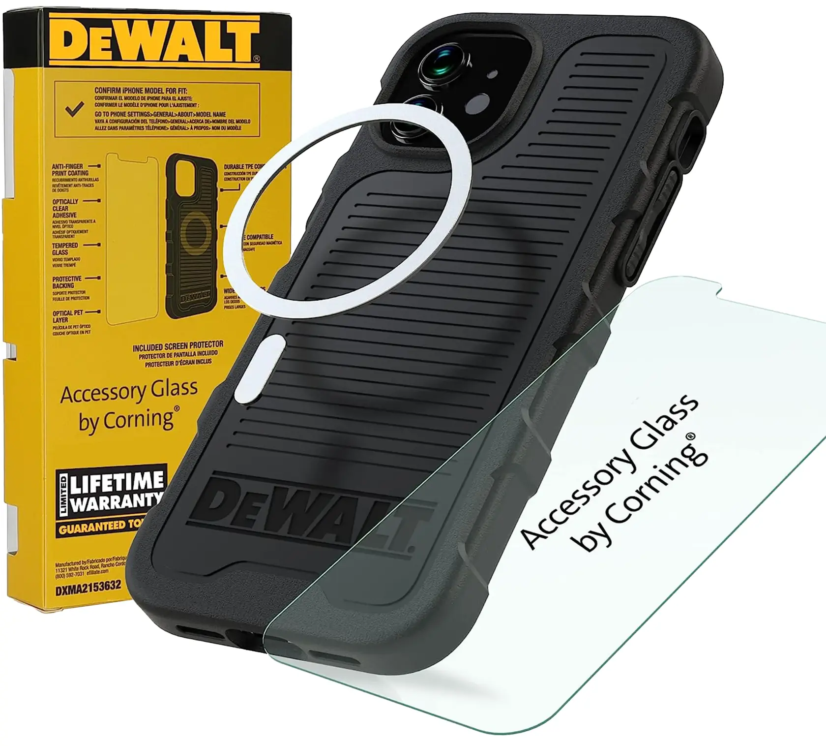 DEWALT branded iPhone case kit, including a black rugged phone case, accessory glass screen protector by Corning, and yellow product packaging displaying warranty and fit information.