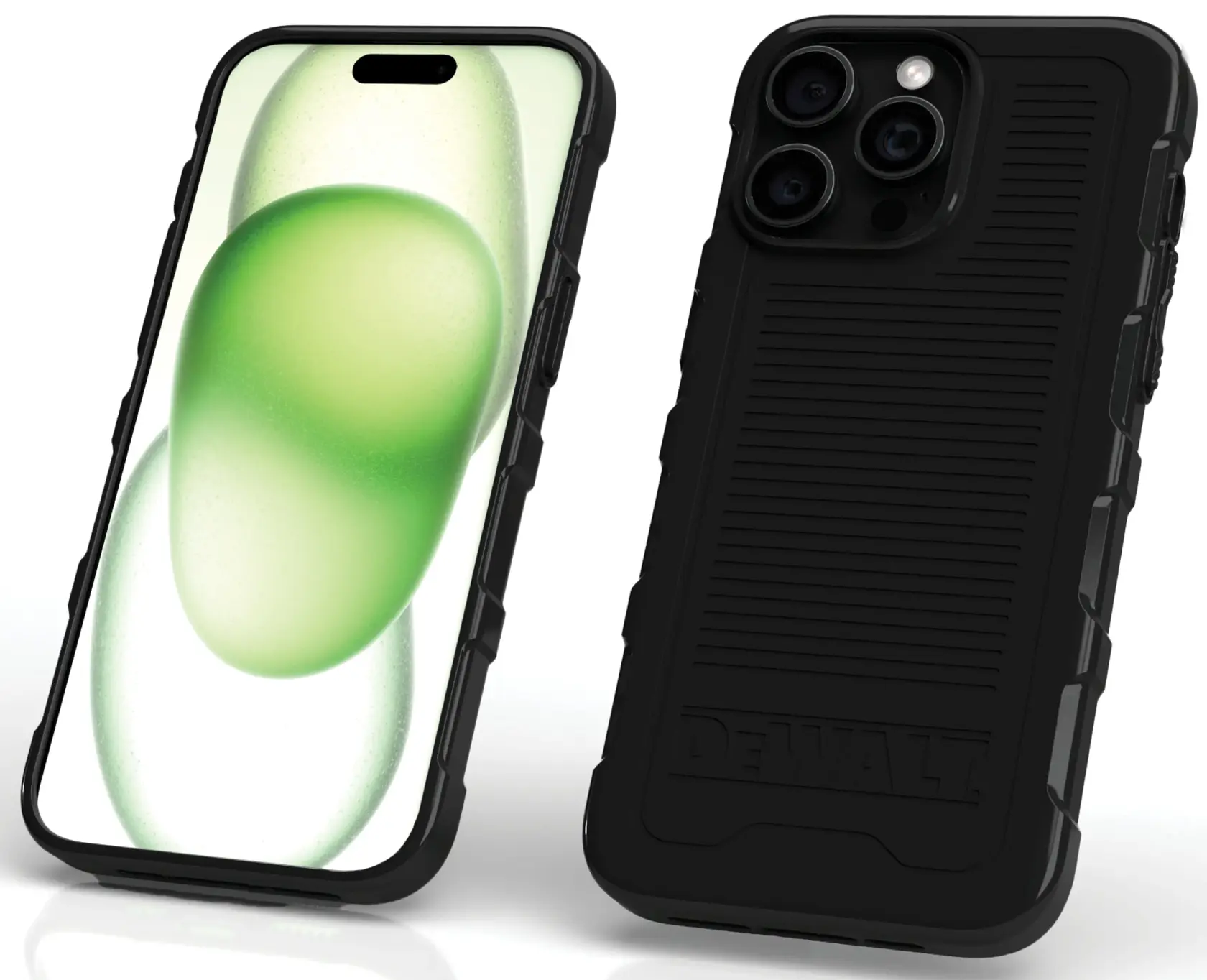 Two smartphones with rugged black DEWALT protective cases are shown. One phone displays a screen with green abstract shapes, while the other shows the textured back and camera area of the case.