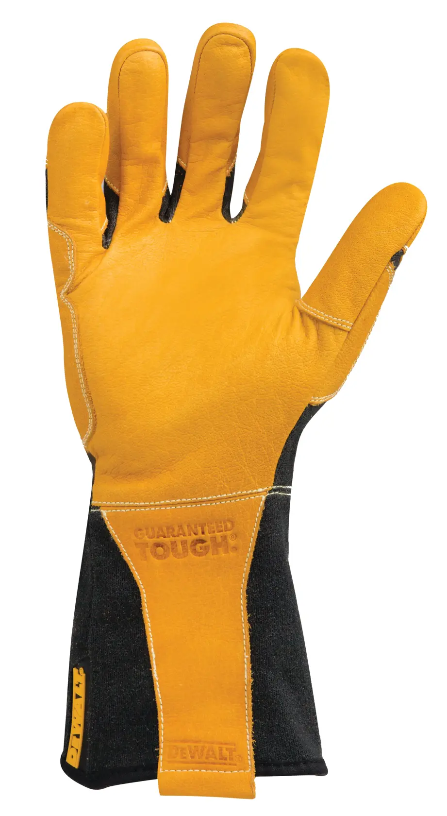 A single DEWALT branded work glove made of yellow leather with black fabric at the wrist, shown with the palm facing up.