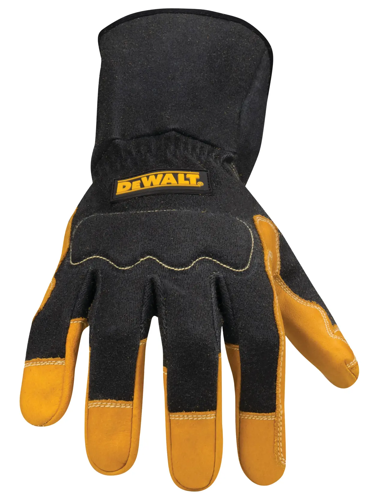 A single DEWALT branded work glove in black and yellow, designed for protection and durability, with reinforced fingers and wrist cuff.