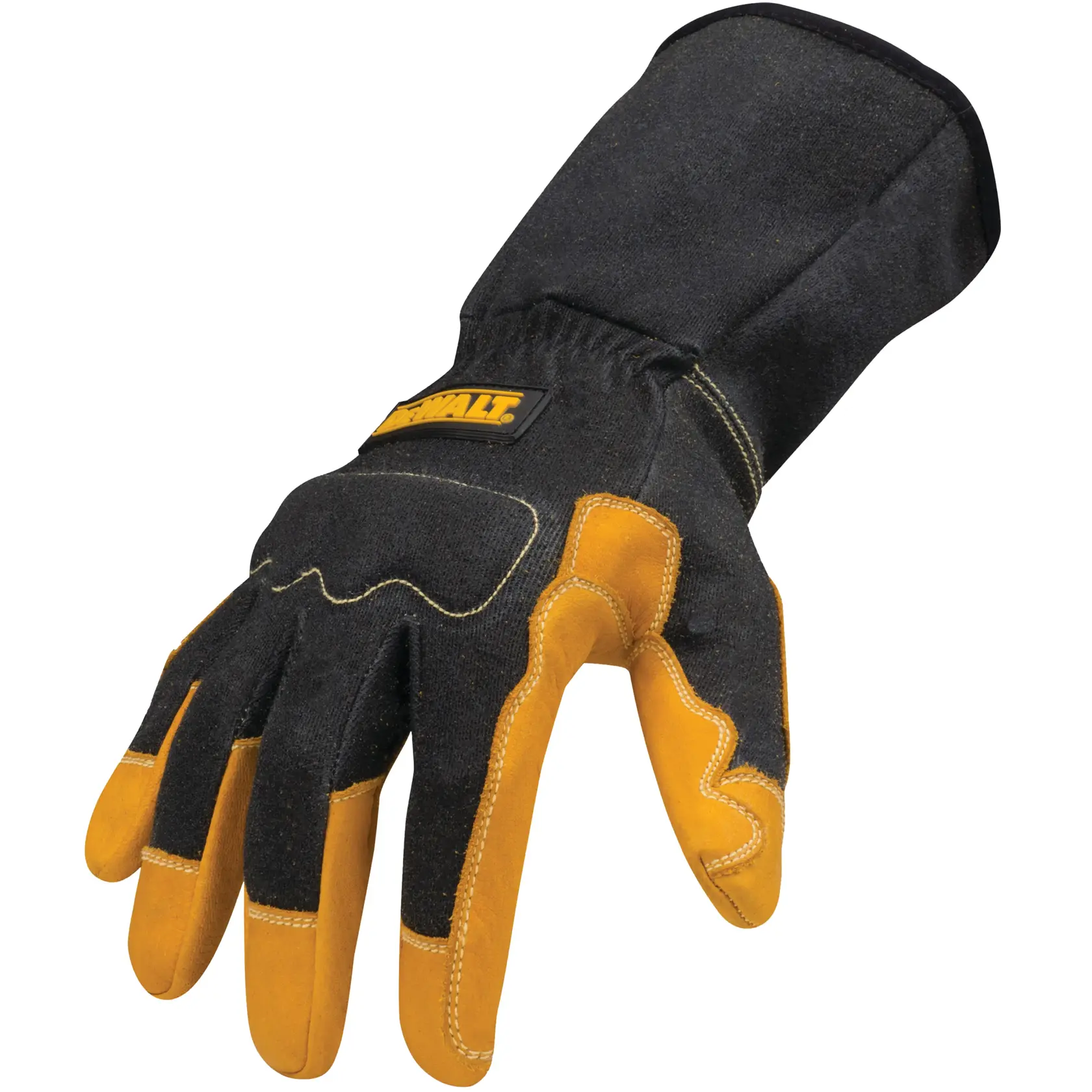 A black and yellow protective work glove with extended wrist coverage, branded with DEWALT, designed for heavy-duty use.