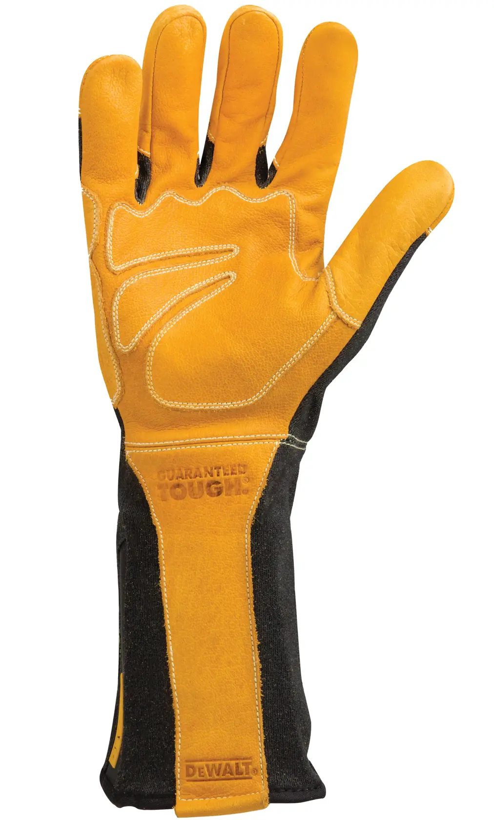 A single DEWALT heavy-duty work glove in yellow and black, with reinforced stitching and extended cuff design, shown palm facing forward.