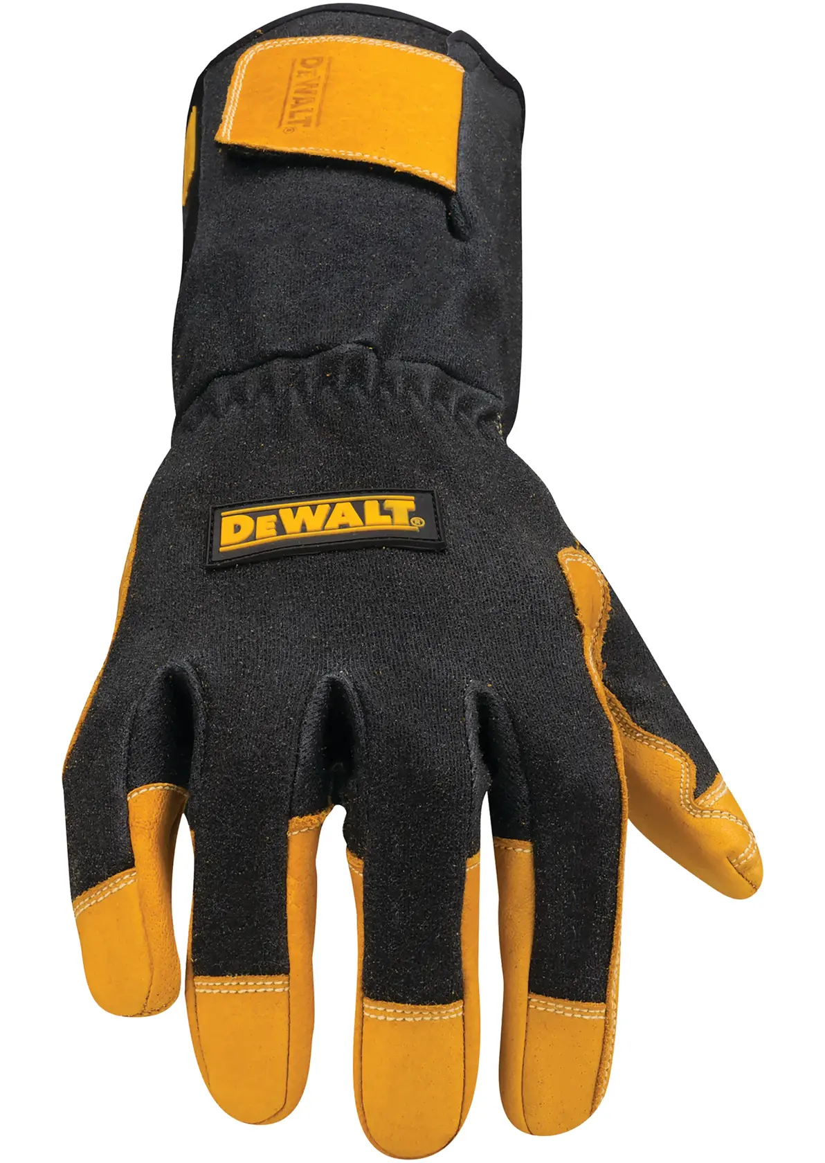 A black and yellow DEWALT branded protective work glove with reinforced fingers and wrist strap.