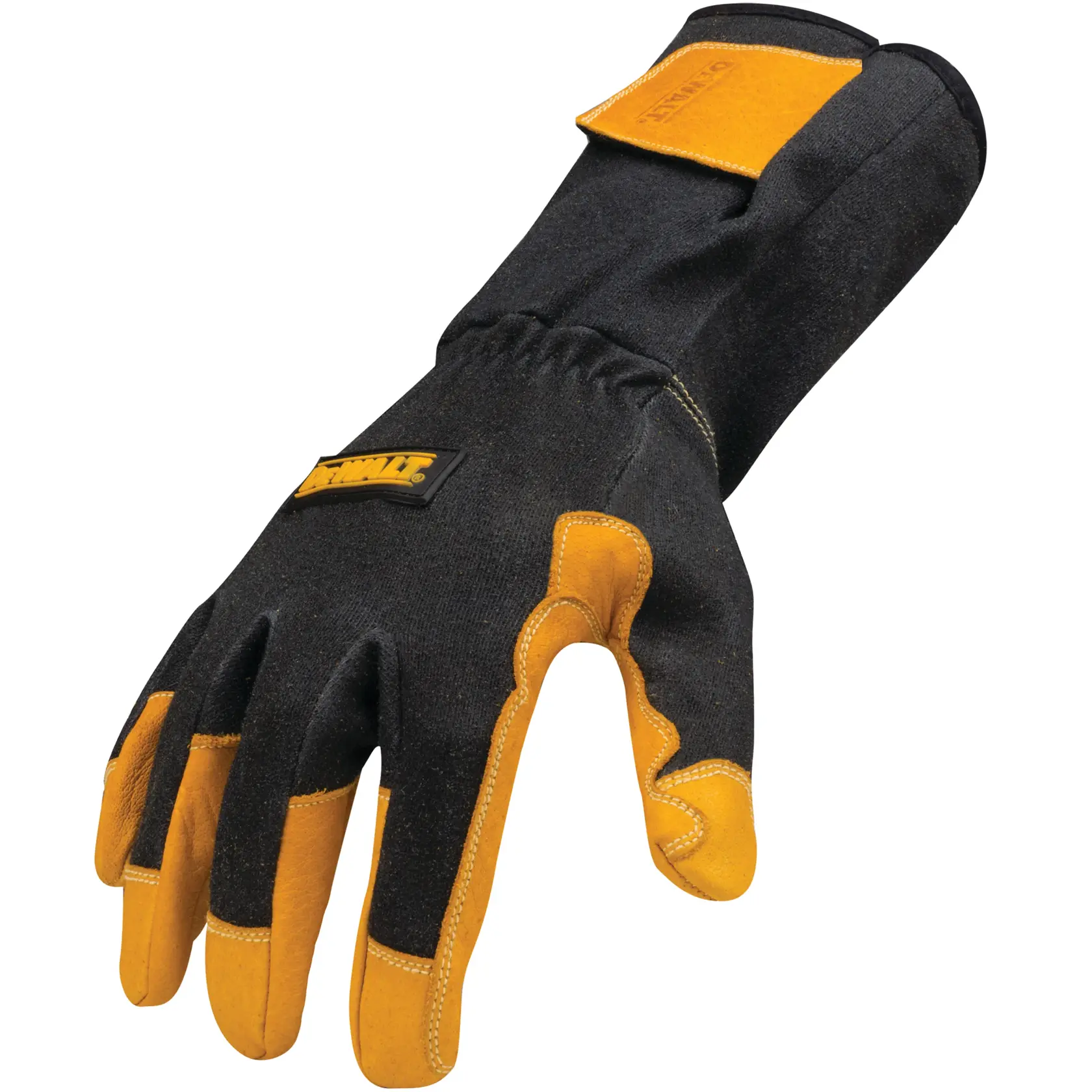 A single DEWALT work glove in black and yellow with reinforced fingers and a long protective cuff, designed for heavy-duty hand protection.