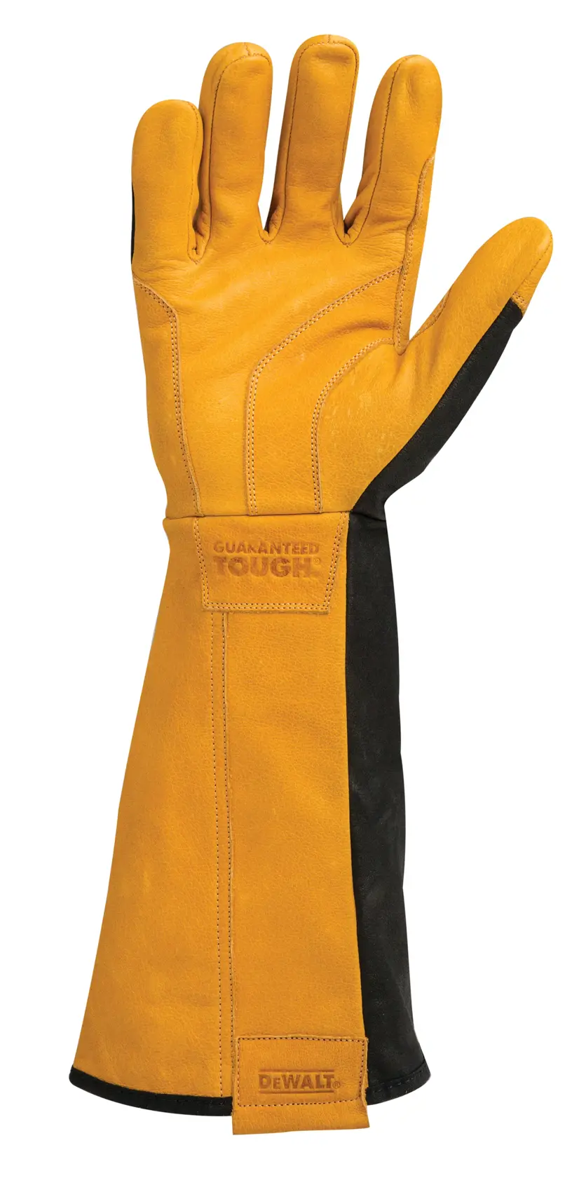 A single DEWALT long leather protective glove in yellow and black, designed for heavy-duty work, shown upright against a white background.