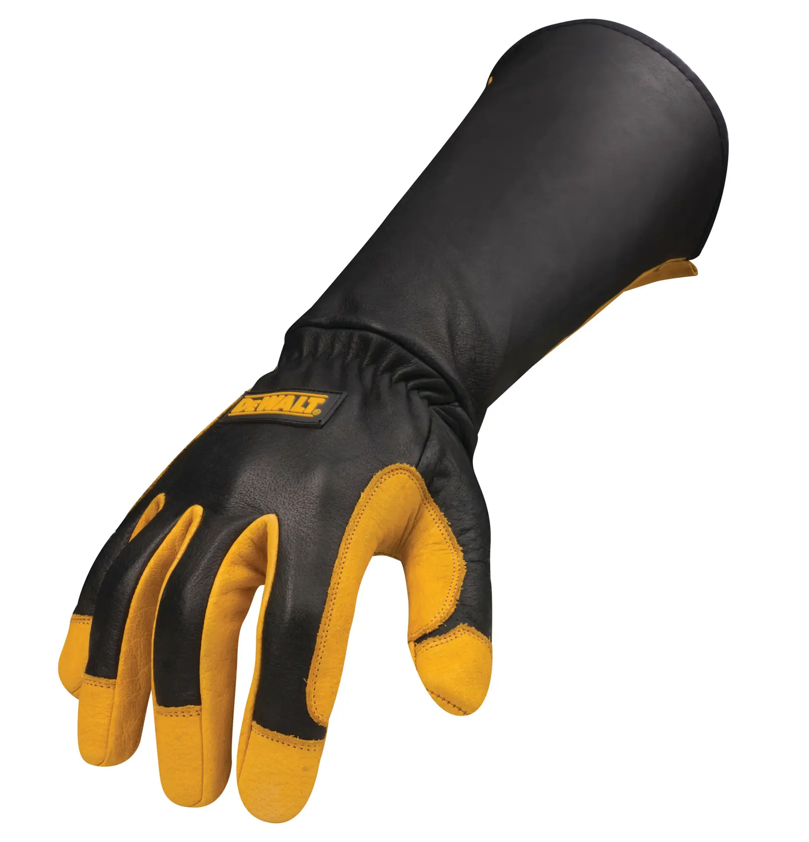 A black and yellow DEWALT branded work glove with extended cuff for extra arm protection, designed for heavy-duty use.