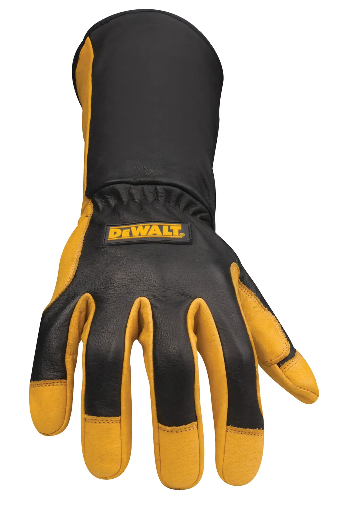 A single DEWALT heavy-duty work glove in black and yellow leather, featuring extended cuff protection and the DEWALT logo on the back of the hand.