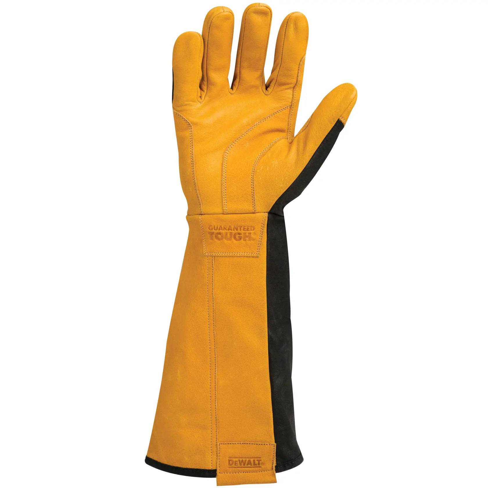 A single yellow and black leather work glove with extended cuff, designed for enhanced protection. The glove features the DEWALT branding and reinforced stitching.