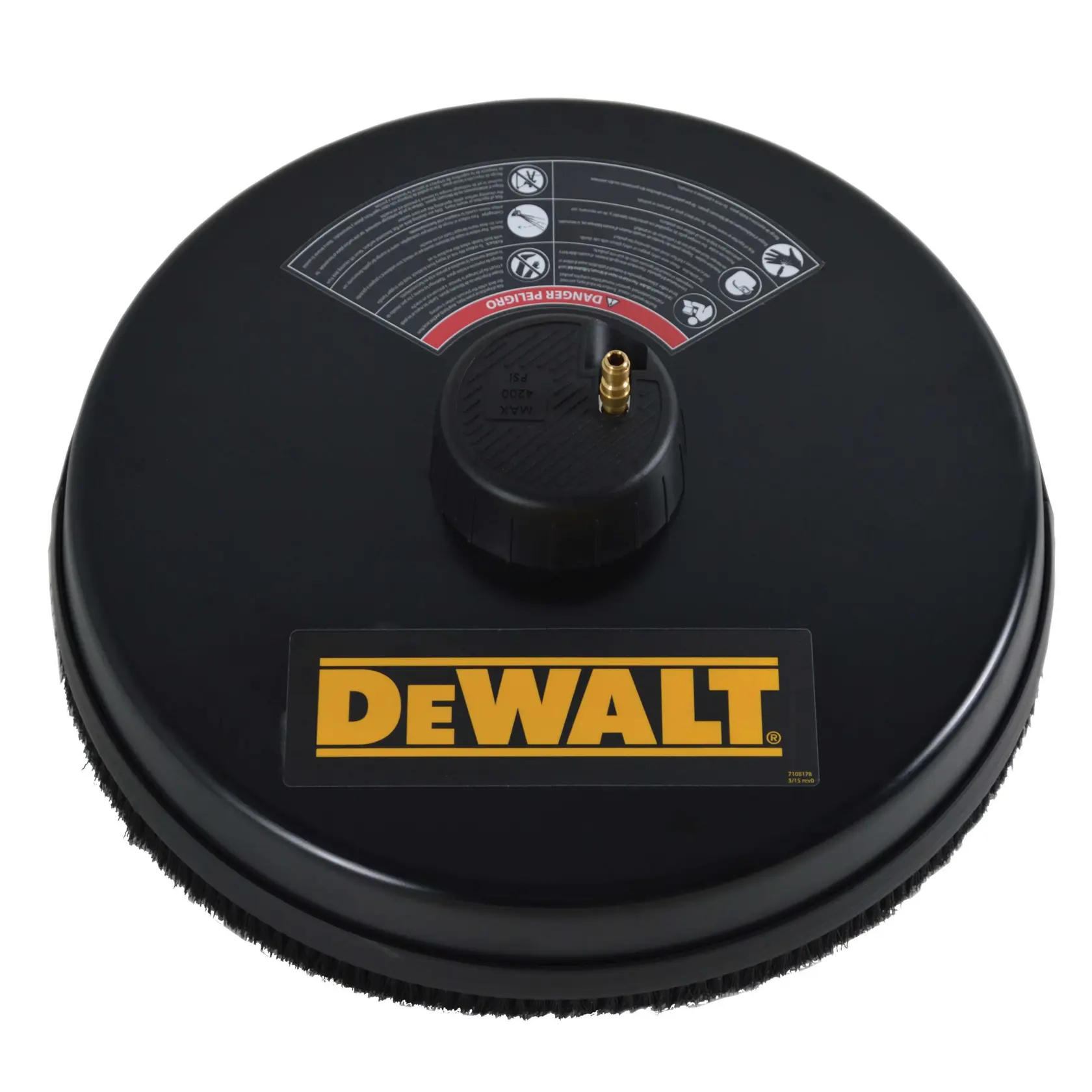 A DEWALT branded circular surface cleaner attachment for a pressure washer, featuring a brush underneath and an inlet connector on top.