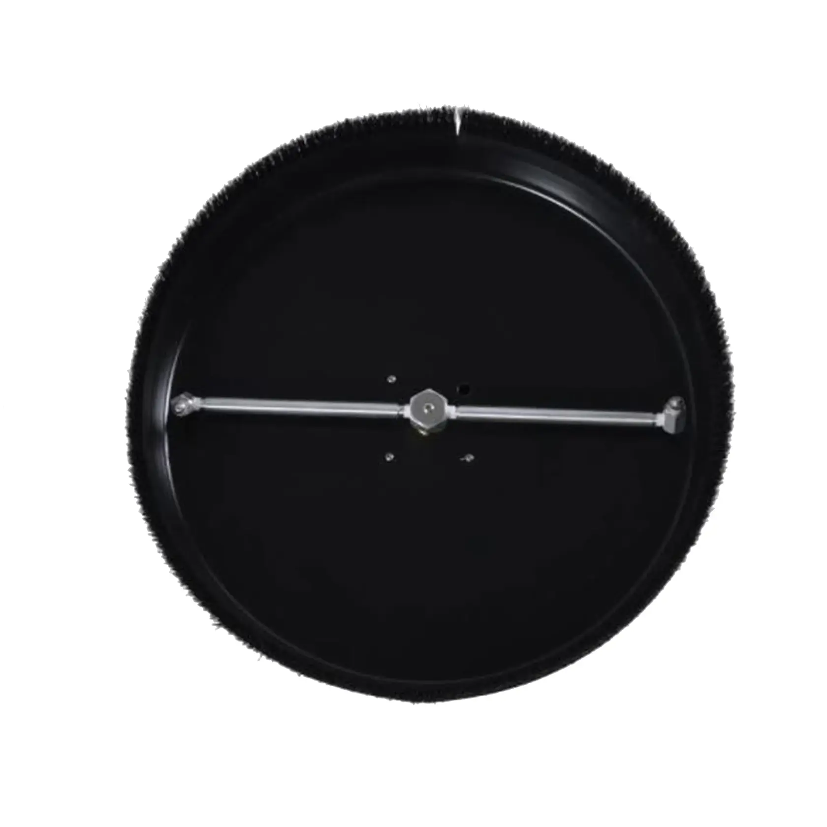 A black circular pressure washer surface cleaner attachment with a metal spray bar in the center and bristles around the edge.