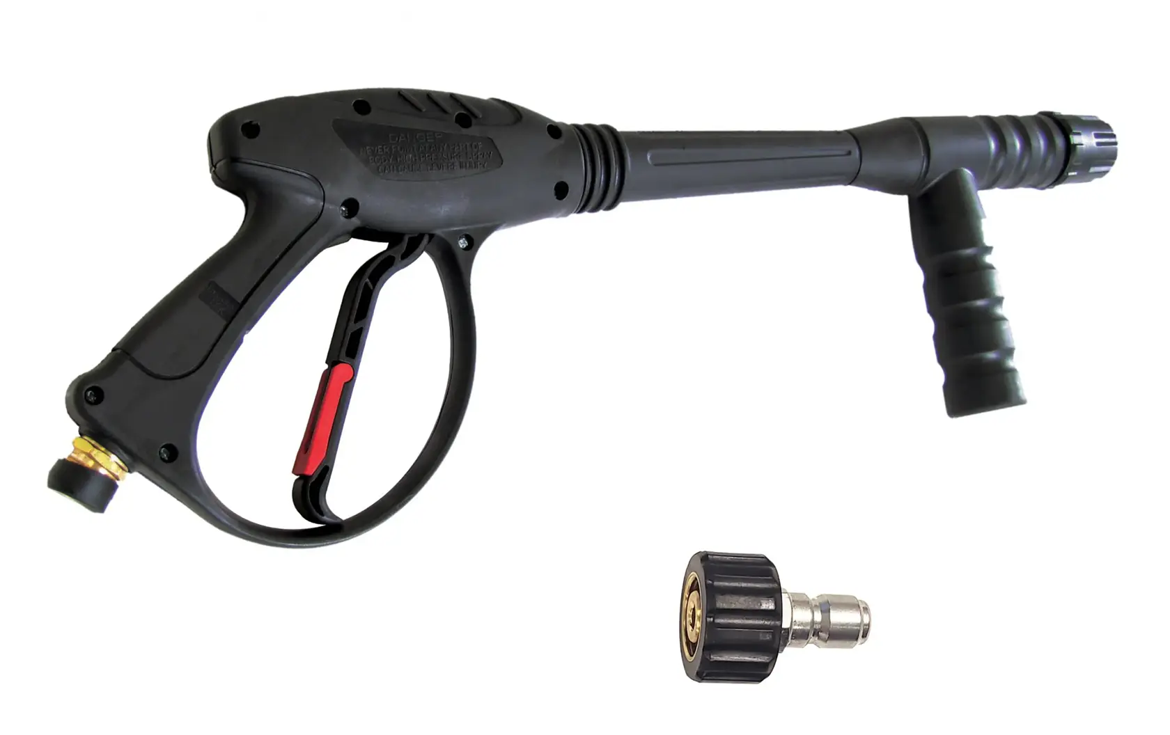 A DEWALT pressure washer spray gun with a black ergonomic handle and trigger, shown alongside a detachable metal nozzle accessory. Both items are photographed against a white background.