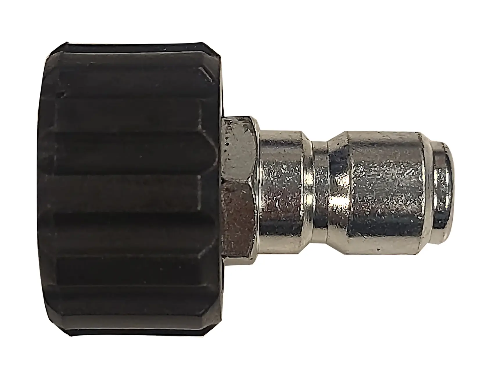 A close-up image of a metallic air compressor quick-connect fitting with a black plastic grip.