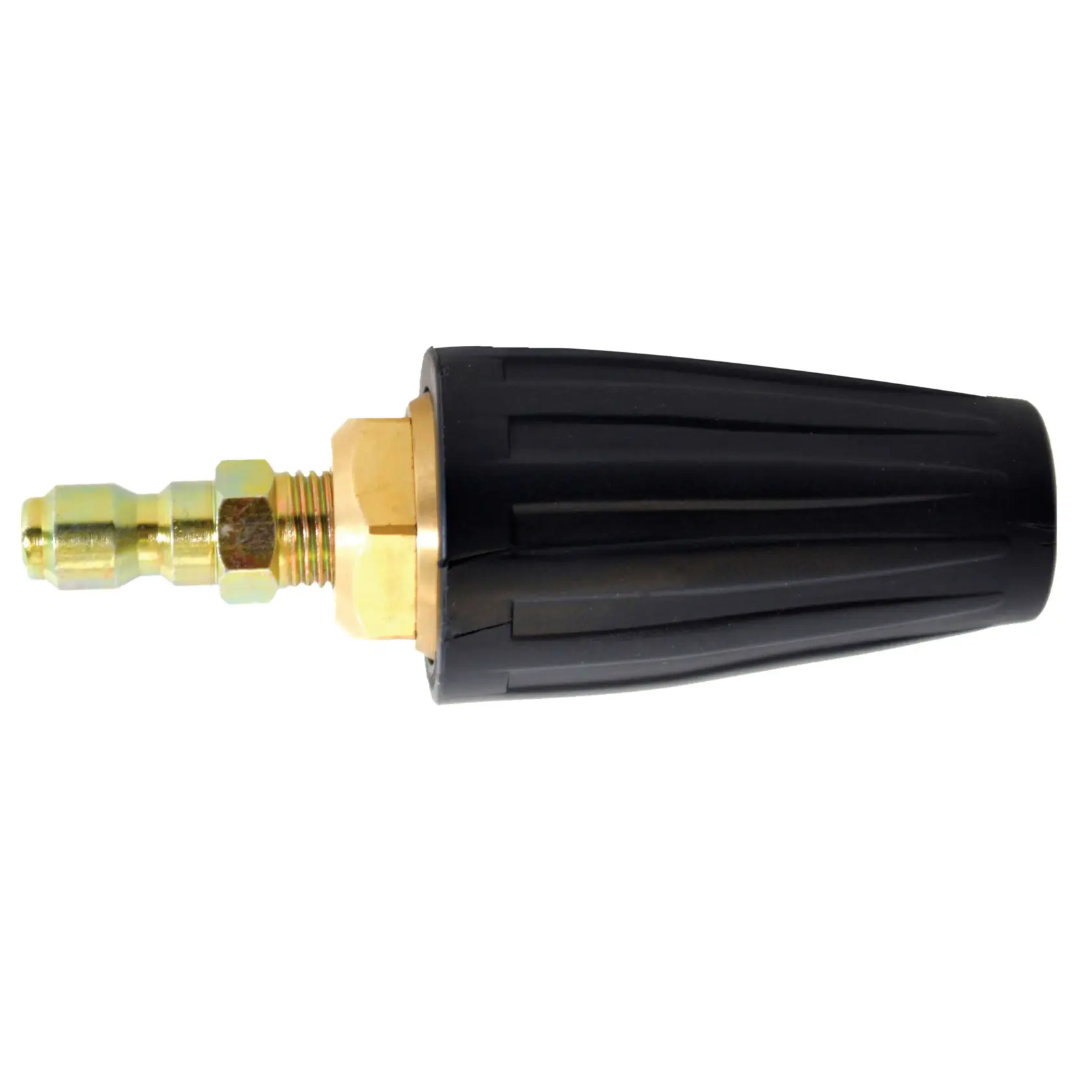 A close-up image of a DEWALT connector or nozzle attachment with a brass and black plastic body, used for pressure washers or similar equipment.