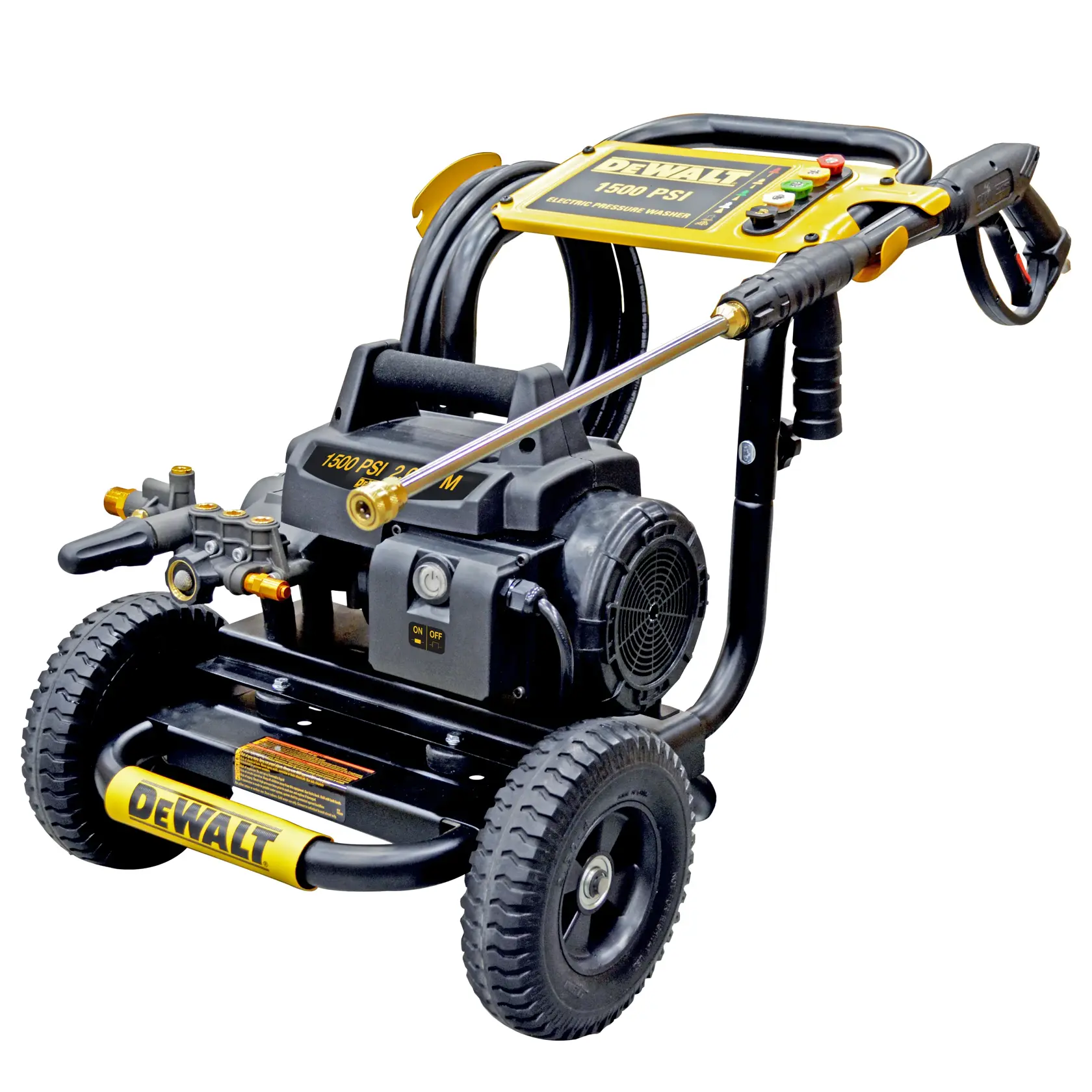 A DEWALT DXPW1500E electric pressure washer with black and yellow coloring, mounted on large wheels and equipped with a spray wand and hose.
