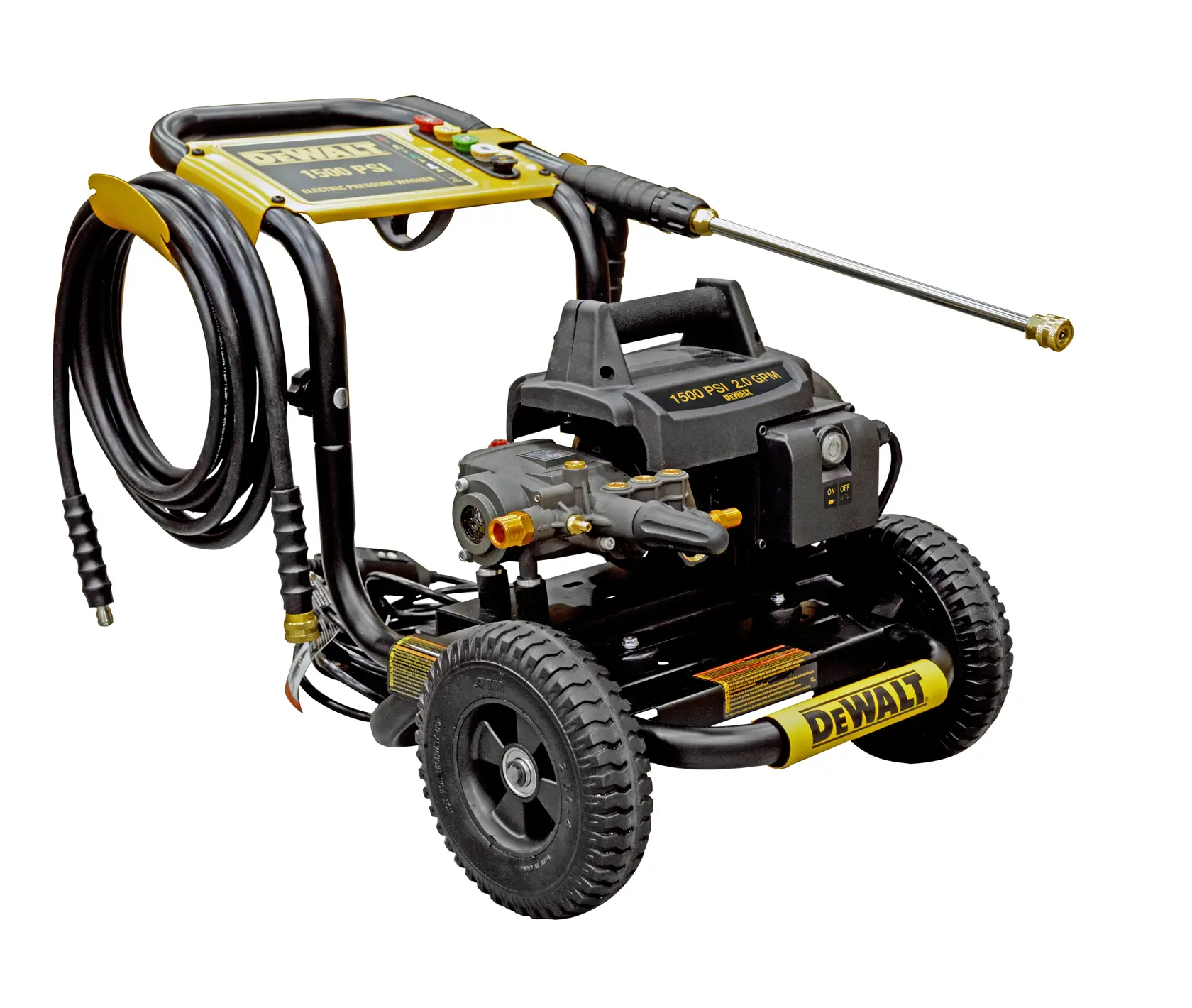 A DEWALT electric pressure washer with large wheels, a hose and a spray wand, designed for outdoor cleaning tasks.
