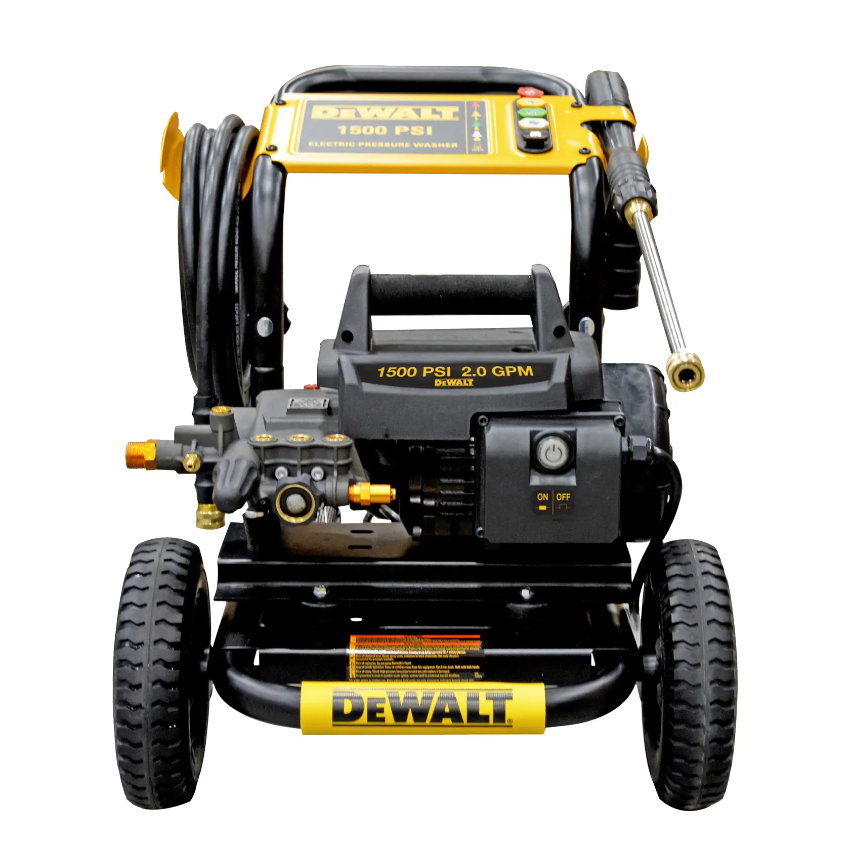 Front view of a DEWALT DXPW1500E electric pressure washer with a yellow frame, black hose, spray wand, wheels, and visible controls.