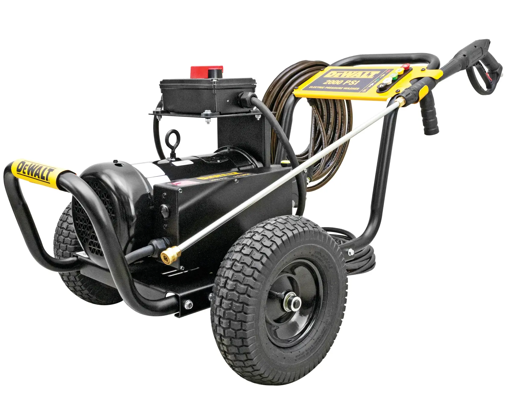 A DEWALT electric pressure washer with large sturdy wheels, a metal frame, a hose coiled on the handle, and a spray gun attached. The product is black and yellow and features a DEWALT logo on the front and control panel.