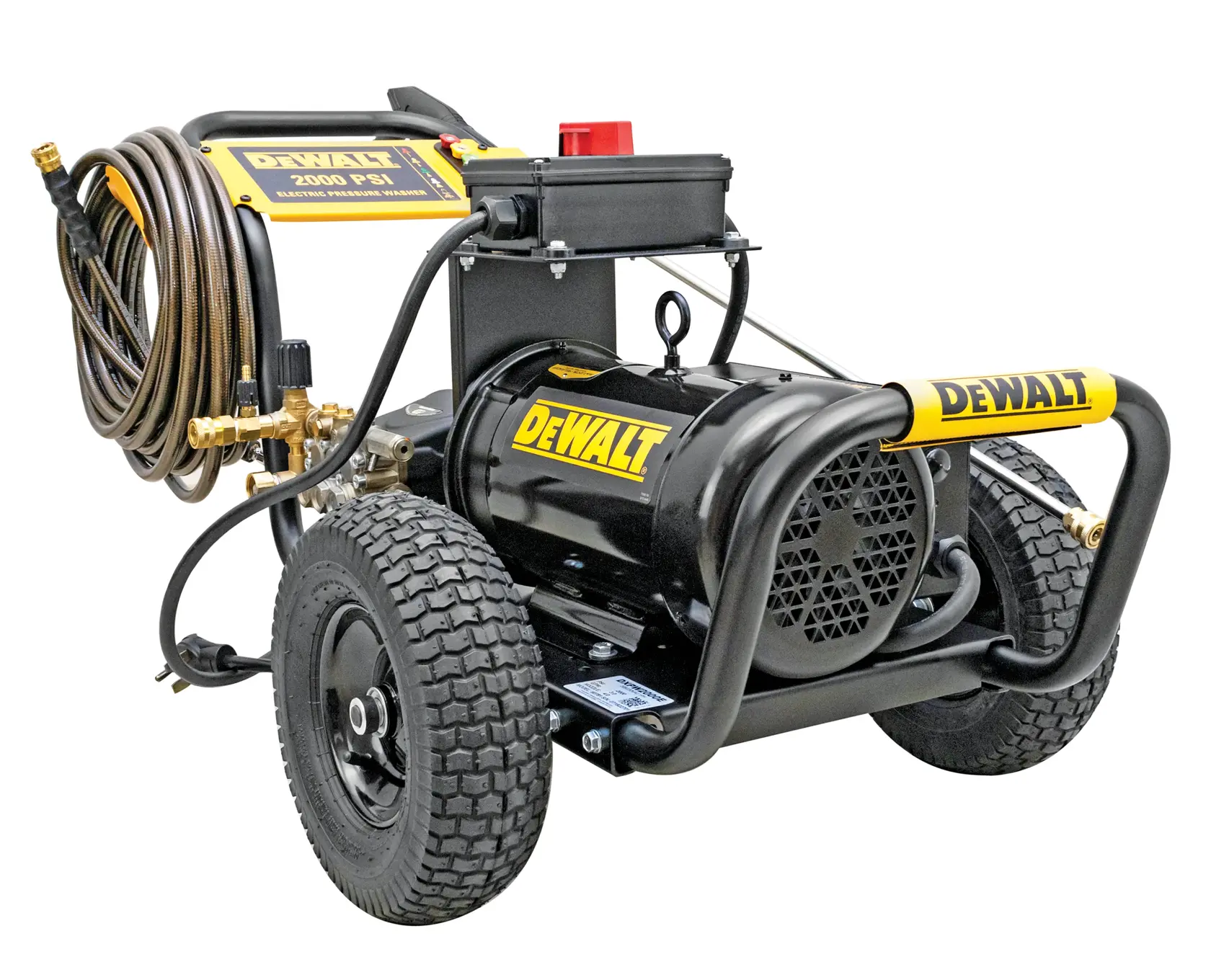 A DEWALT DXPW2000E electric pressure washer with large wheels, coiled hose, and sturdy frame, shown facing left on a white background.