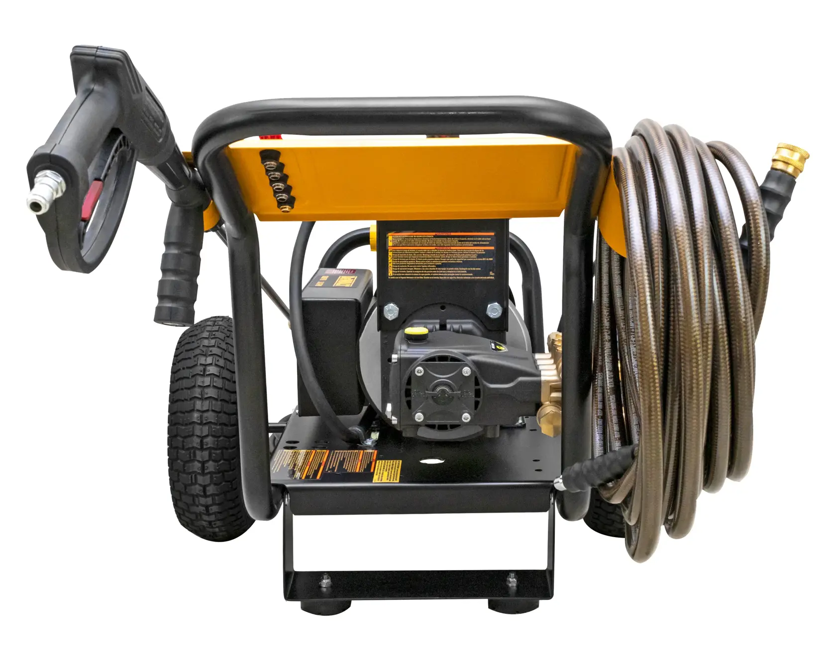 Front view of a DEWALT electric pressure washer with a black and yellow frame, two large wheels, a hose coiled on the side, and a spray gun mounted on the left.