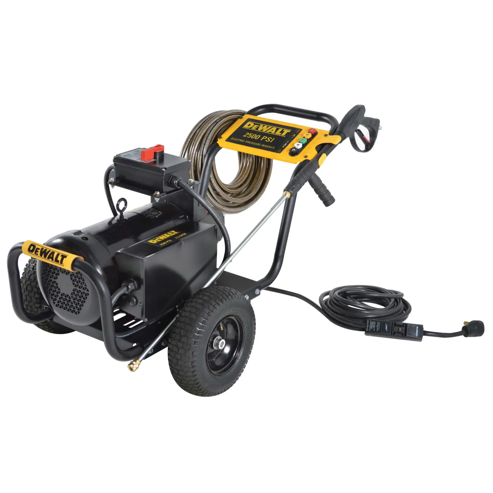 DEWALT DXPW2500E electric pressure washer with black and yellow frame, wheels, hose reel, and power cable, designed for heavy-duty cleaning tasks.