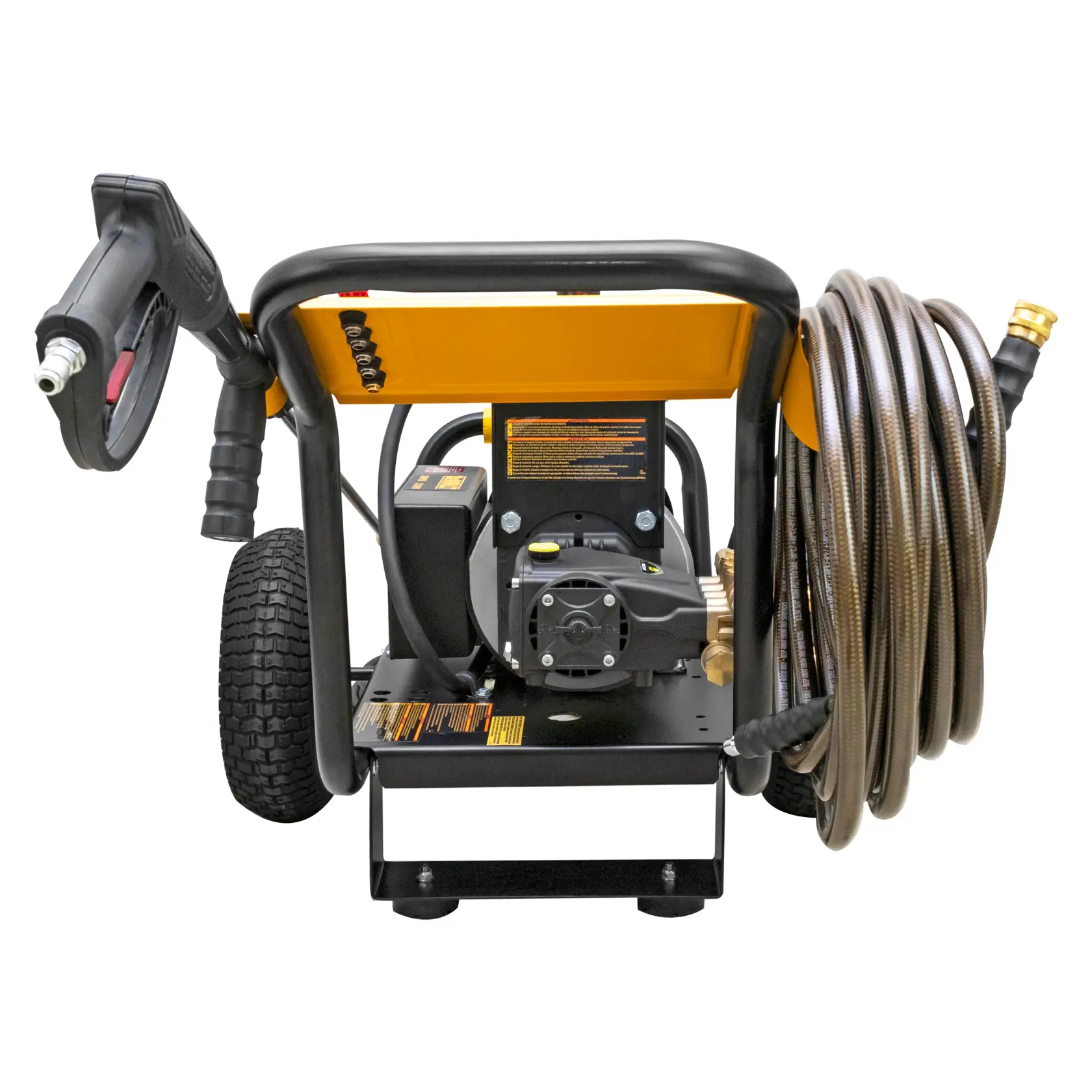Front view of a DEWALT DXPW2500E pressure washer with a coiled hose, handle, wheels, and attached spray gun, shown against a white background.