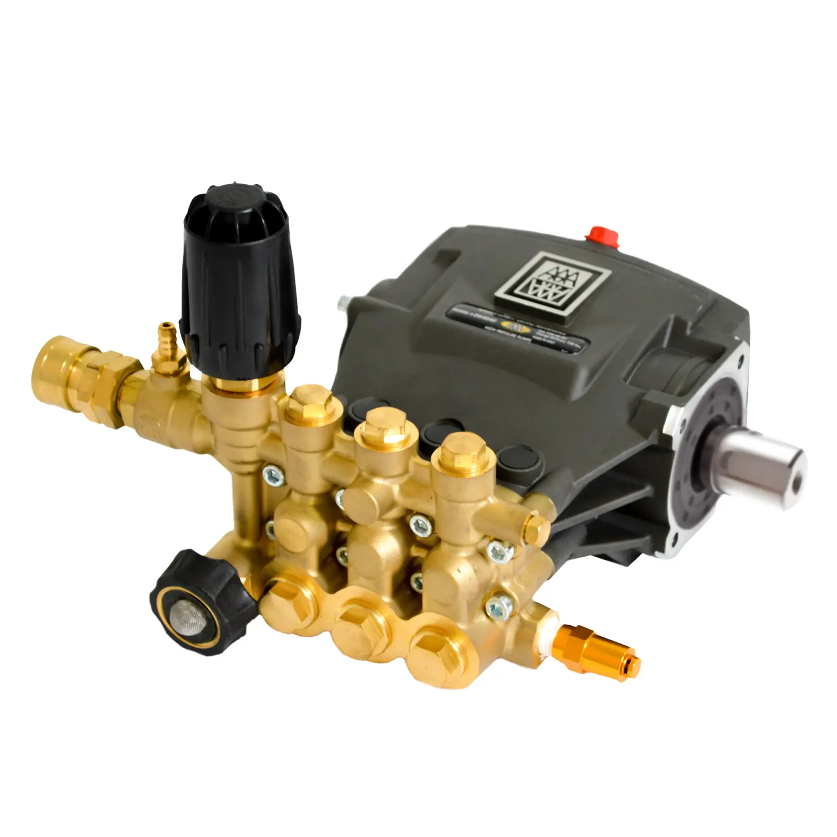 A close-up image of a DEWALT DXPW2500E pressure washer pump with brass and black components on a white background.