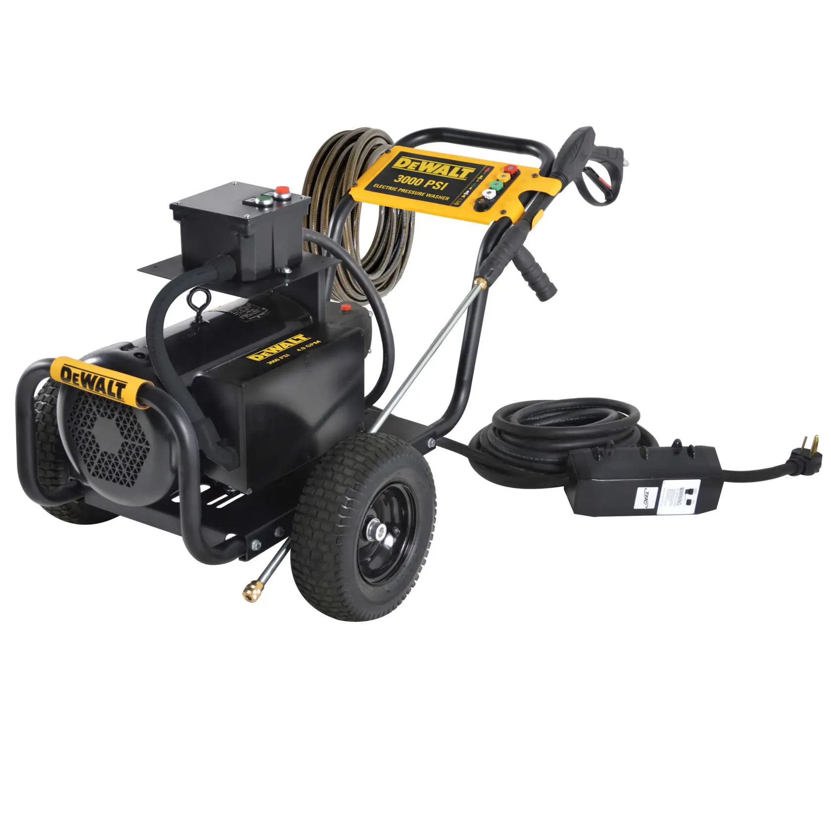 A DEWALT electric pressure washer, model DXPW3000E, featuring a sturdy black and yellow frame with large wheels, a power cord, hose, and spray gun attachment.
