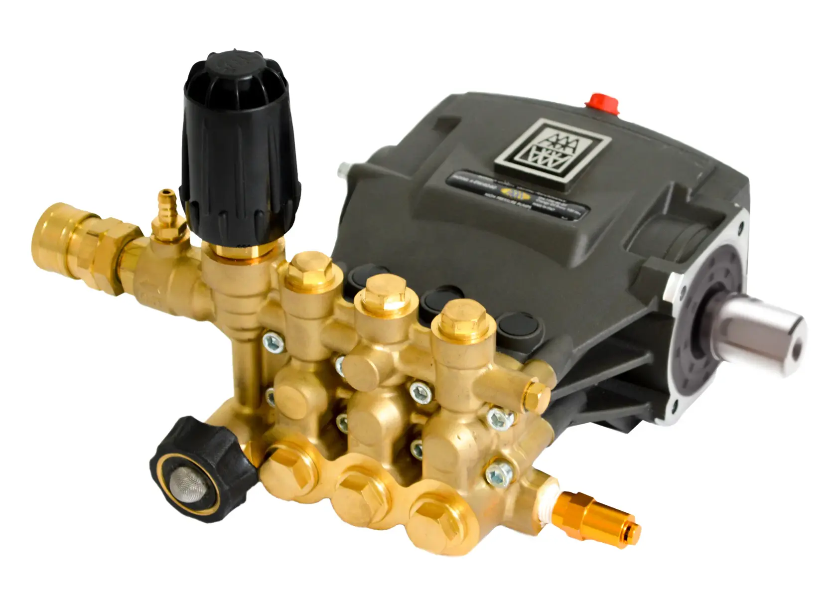 A close-up view of a DEWALT pressure washer pump with several brass fittings and adjustment knobs, featuring a black plastic cover and a cylindrical metal shaft.