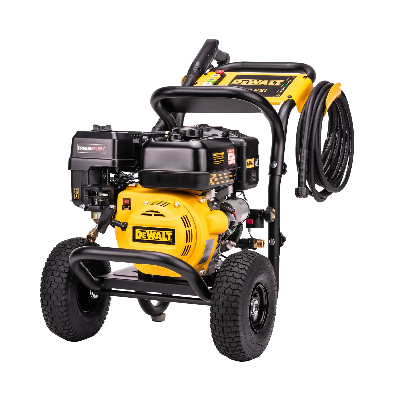 A portable DEWALT pressure washer with a yellow and black body, mounted on two sturdy wheels, and a hose coiled on the side. The washer features a prominent brand logo and is designed for outdoor cleaning tasks.