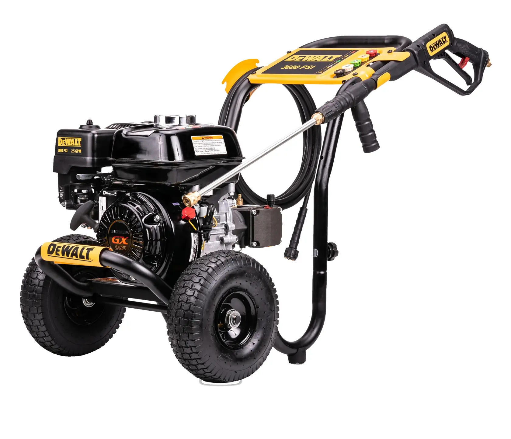 A DEWALT DXPW3625 pressure washer with a black and yellow frame, two large wheels, a hose reel, and a spray gun attachment. The product is designed for heavy-duty cleaning tasks.