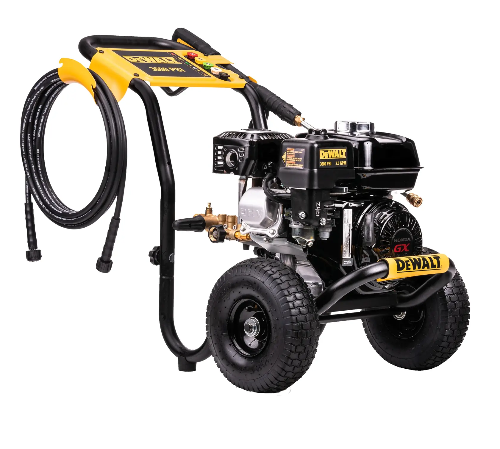 A DEWALT DXPW3625 pressure washer with a sturdy metal frame, large wheels, a hose neatly coiled on the side, and a visible engine. The DEWALT branding is prominent on the machine.