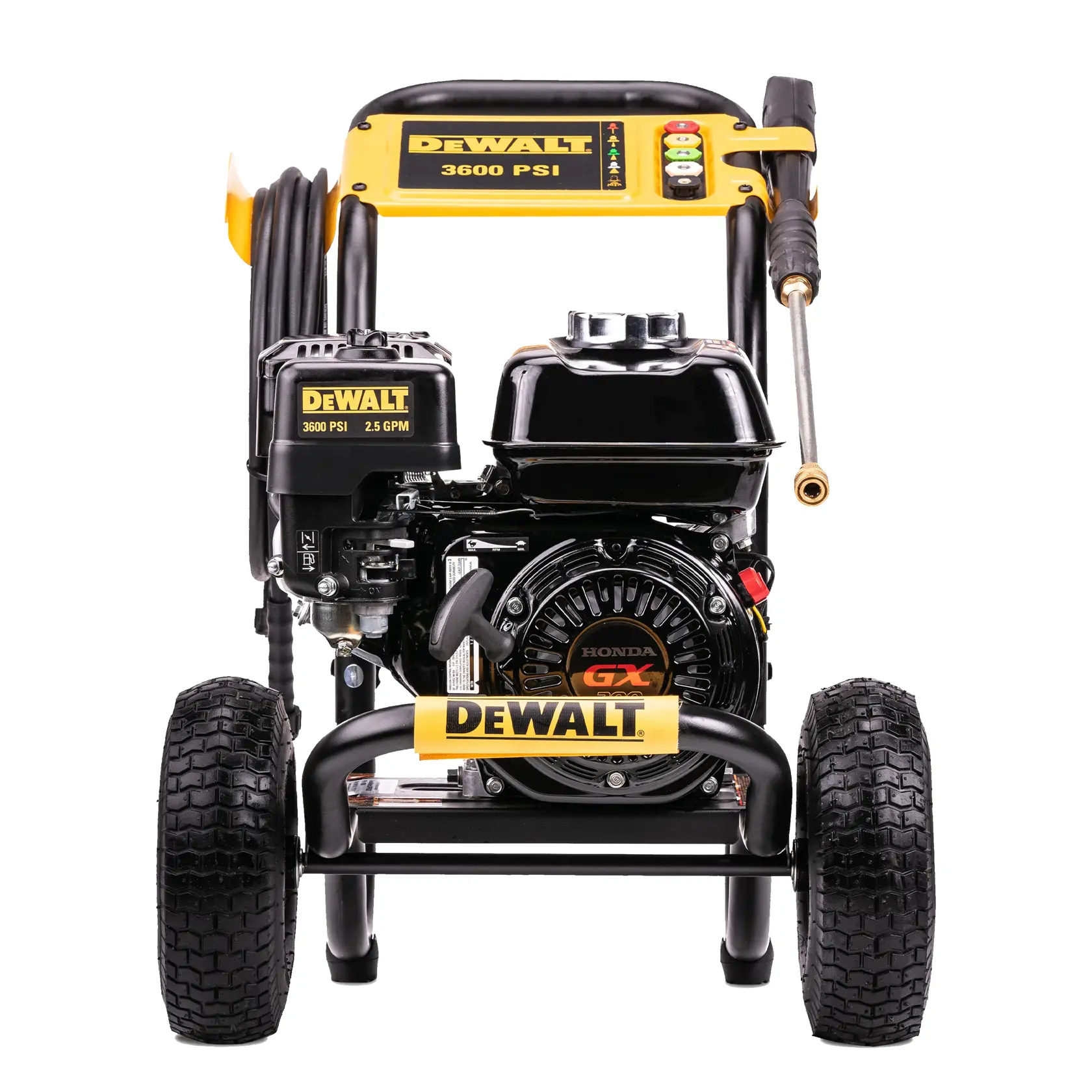 Front view of a DEWALT DXPW3625 pressure washer with large wheels, a Honda GX engine, and a spray wand attached to the handle. The unit is labeled '3600 PSI' and includes hose storage on the side.