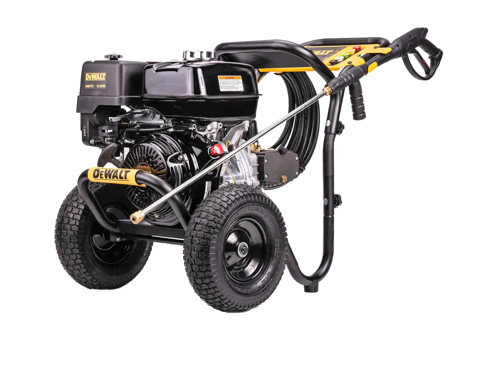 A DEWALT DXPW4440 pressure washer with a black and yellow design, featuring large wheels, a sturdy frame, and a long hose attached to a spray gun.