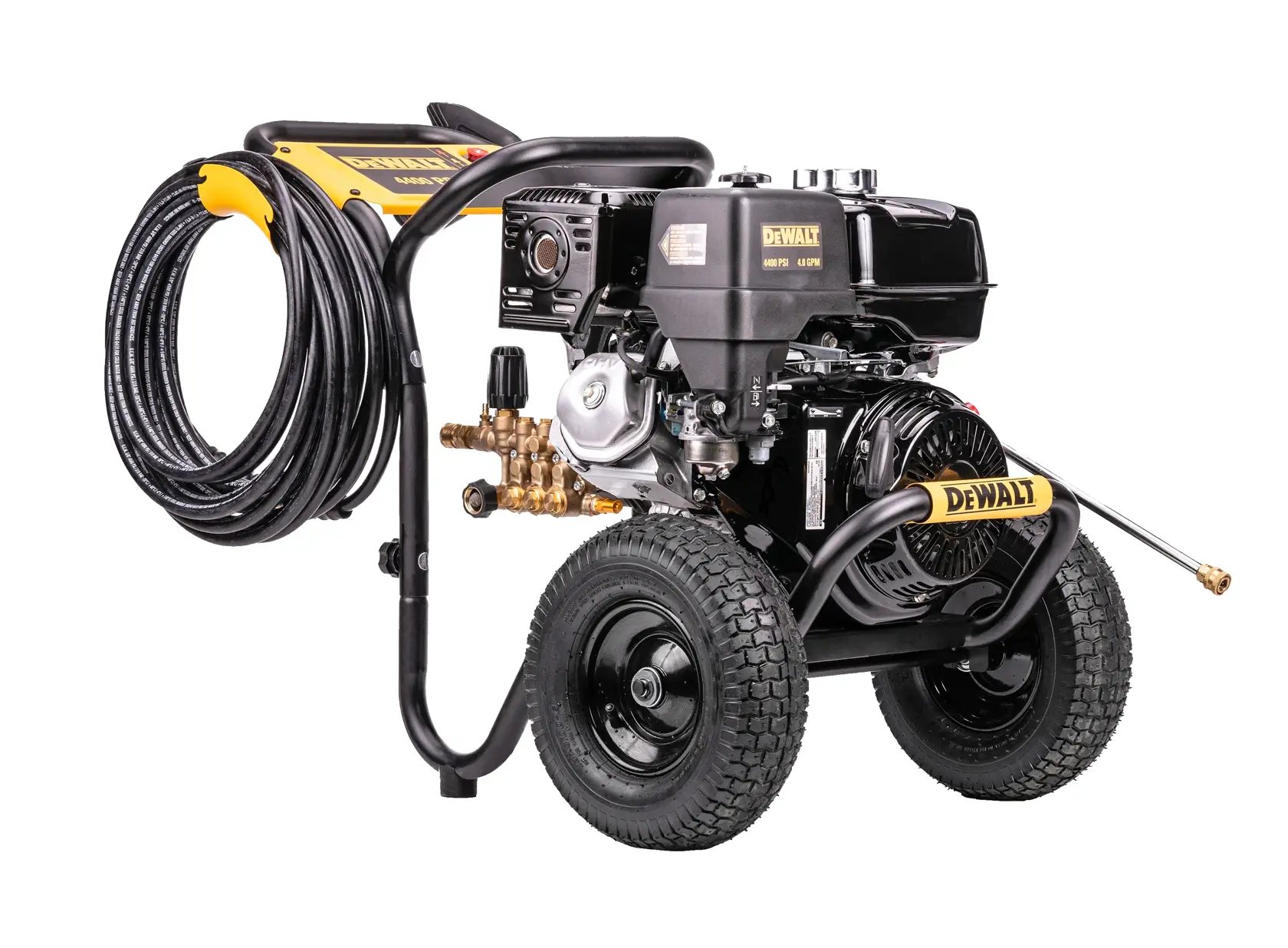 A DEWALT heavy-duty pressure washer with a black and yellow frame, large pneumatic wheels, an engine, a hose wrapped around the side, and a spray wand attached to the front. The product model is DXPW4440.