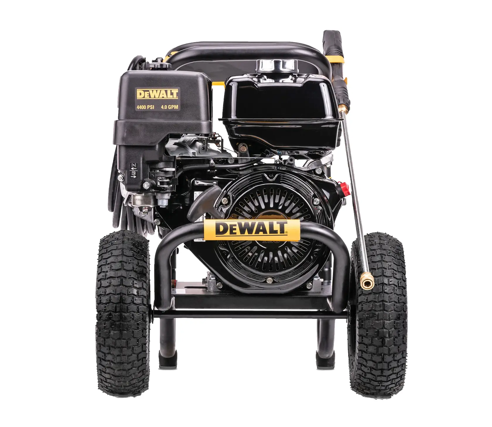 Front view of a DEWALT portable pressure washer, model DXPW4440, featuring a sturdy frame, large wheels, and a hose with spray wand.