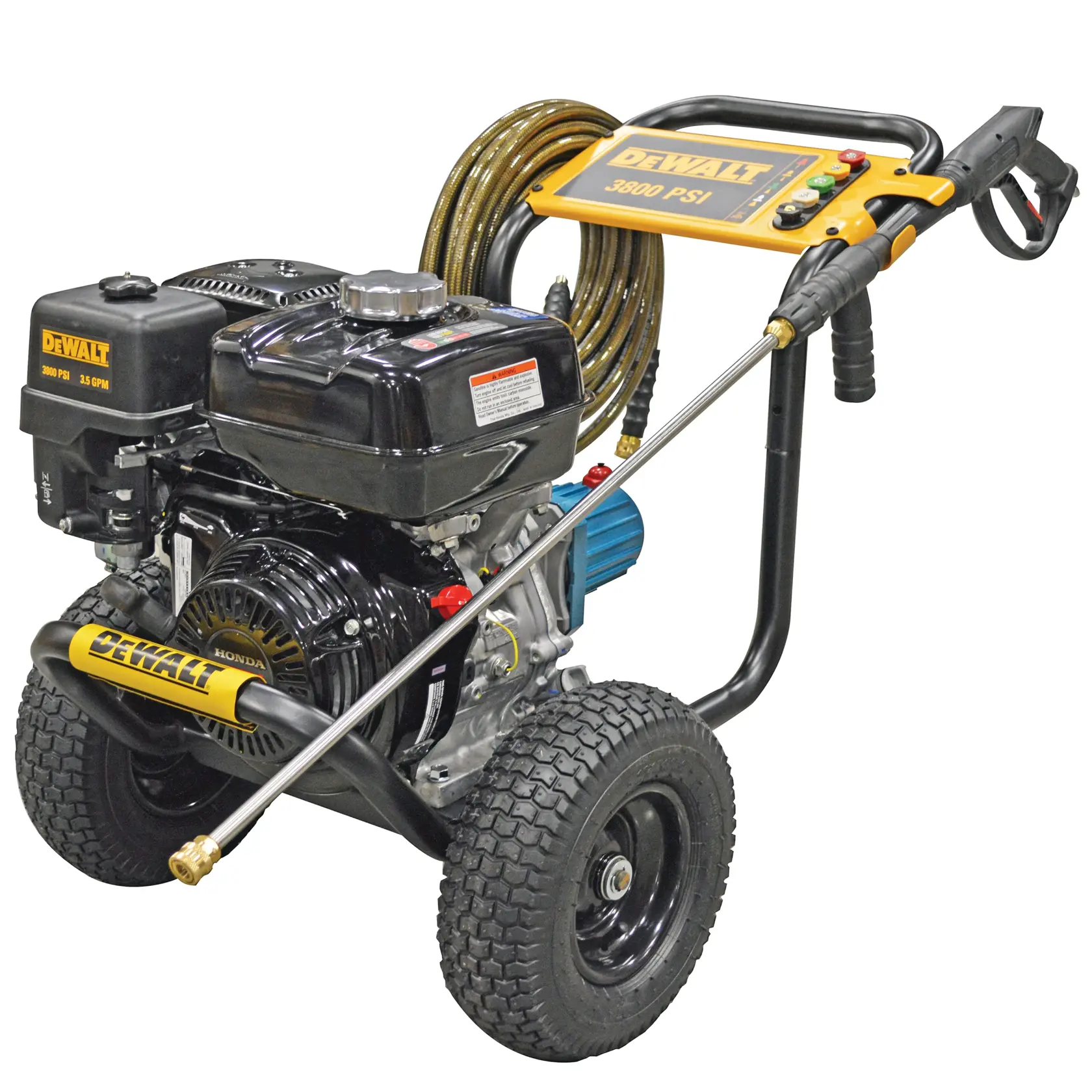 Portable DEWALT pressure washer with wheels, hose, spray wand, and control panel, suitable for cleaning surfaces.