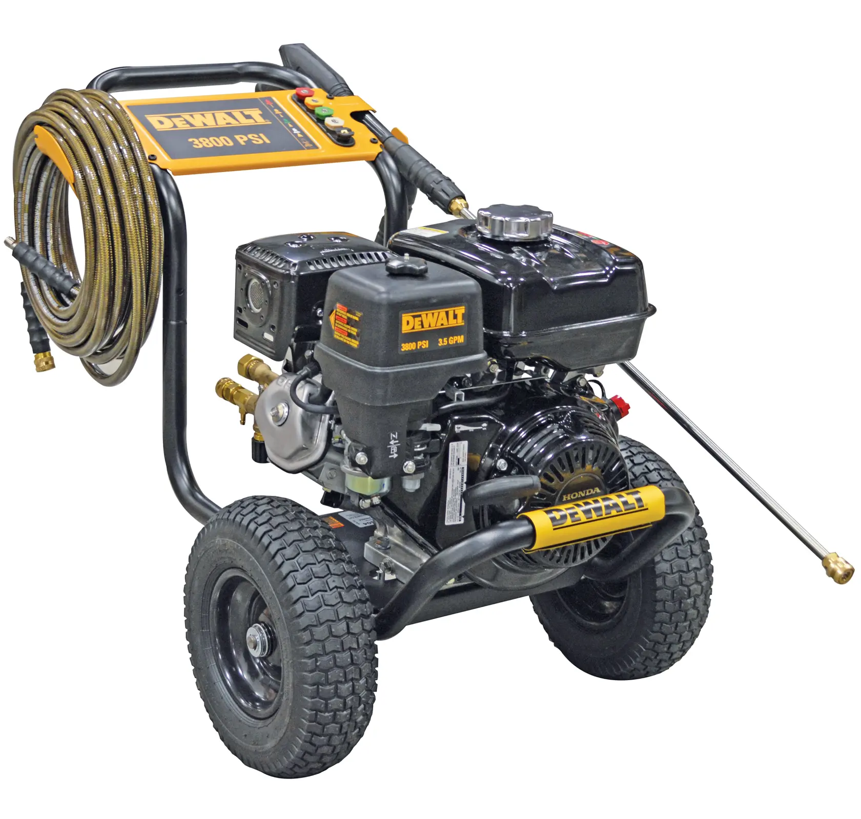 A DEWALT portable pressure washer with a Honda engine, 3800 PSI rating, mounted on two large wheels, with hoses and spray wand attached. The washer has a black and yellow design.
