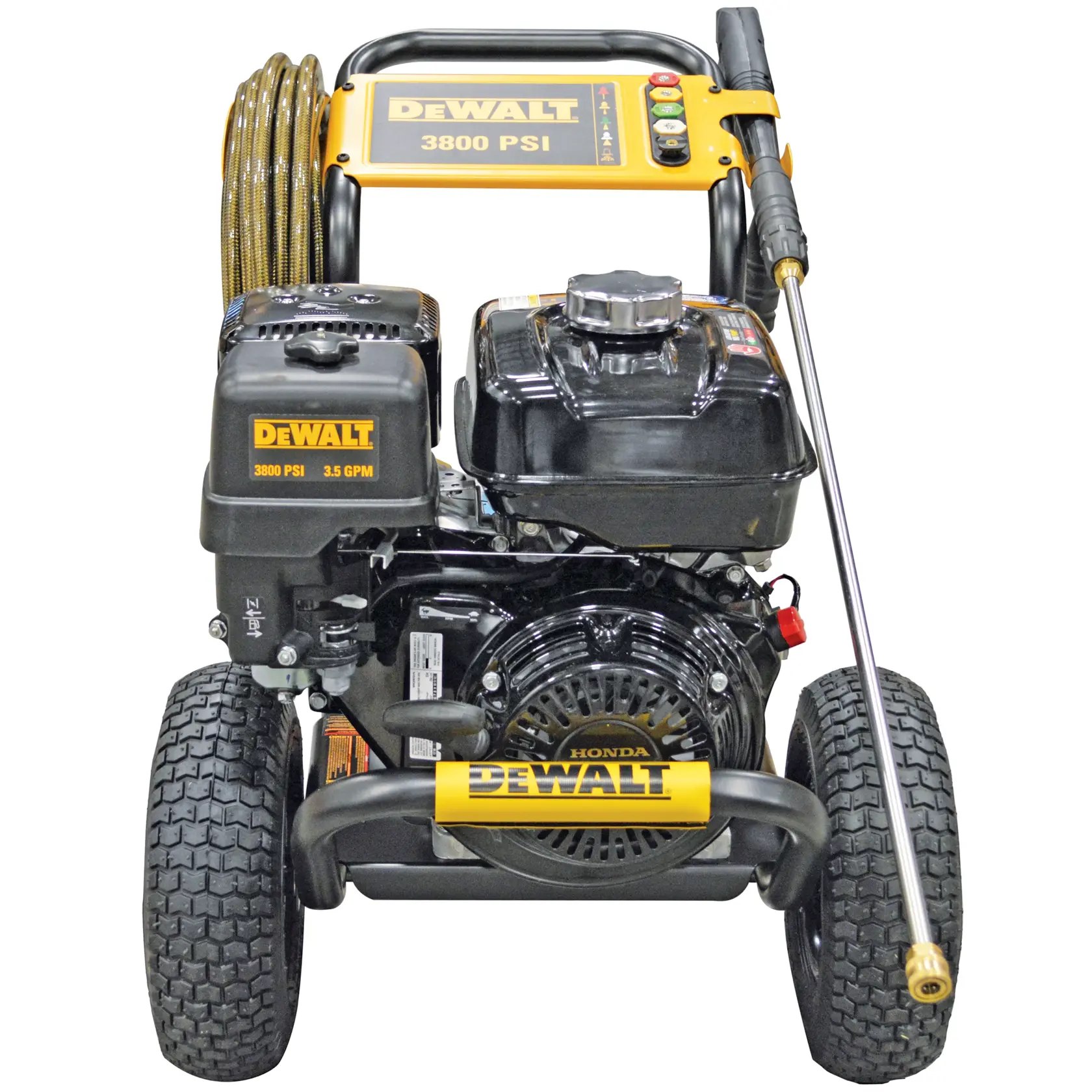 Front view of a DEWALT 3800 PSI pressure washer with large wheels, hose and spray wand, designed for heavy-duty outdoor cleaning.