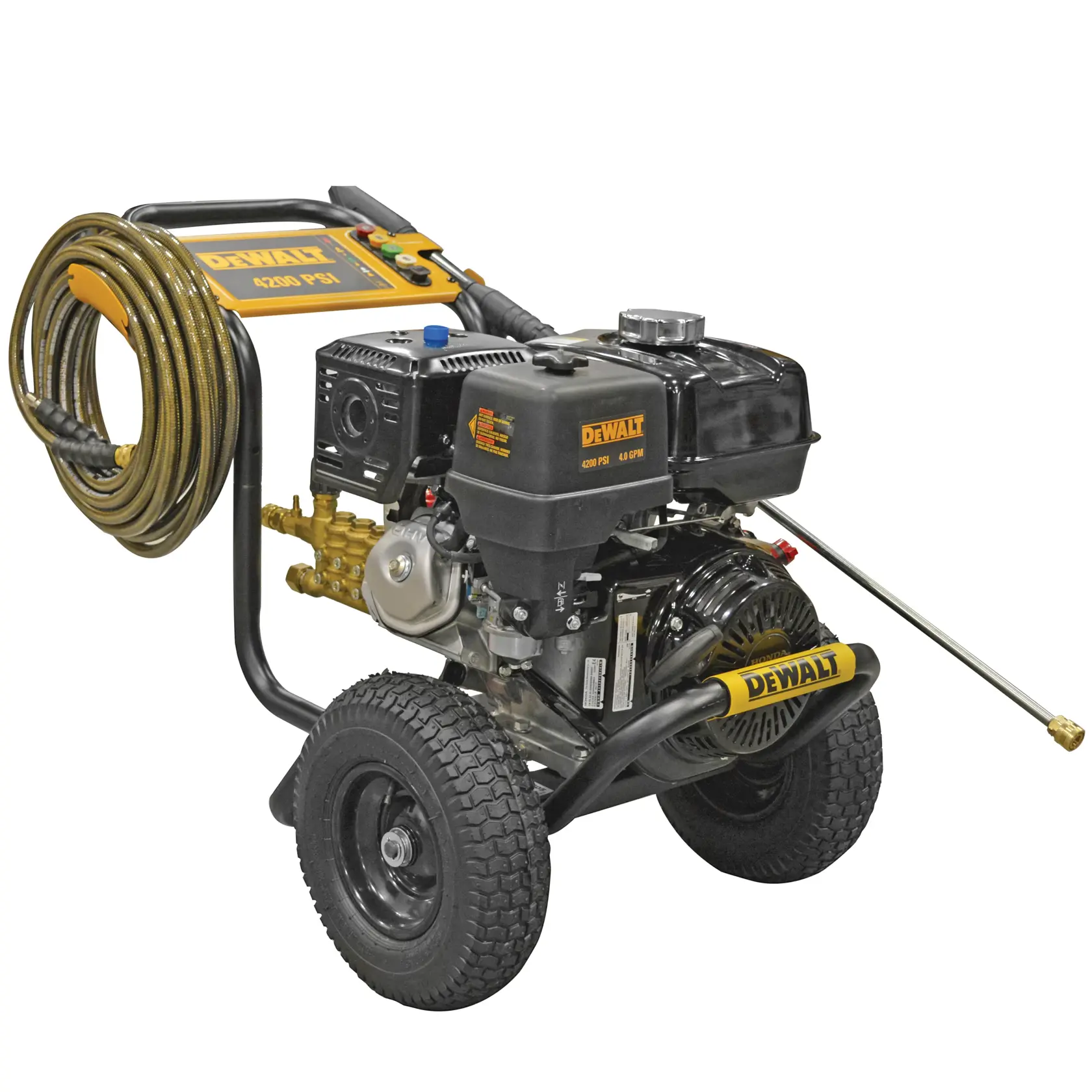 A DEWALT branded heavy-duty portable pressure washer with large wheels, a sturdy black frame, powerful engine, attached hose, and a spray wand. Model DXPW60605.