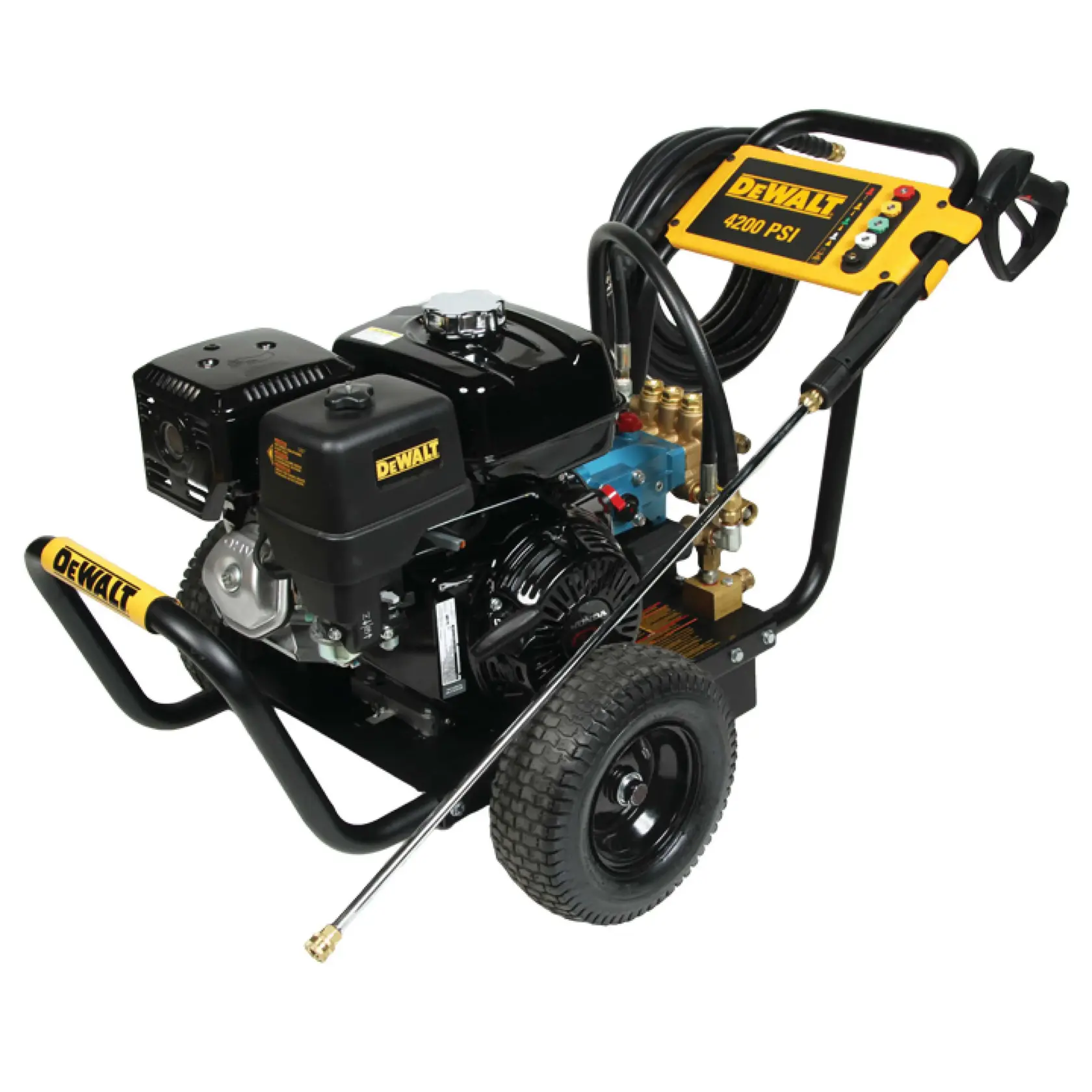 A DEWALT portable pressure washer with a gasoline engine, black and yellow frame, wheels, high-pressure hose, and a spray wand. The control panel shows 4200 PSI.