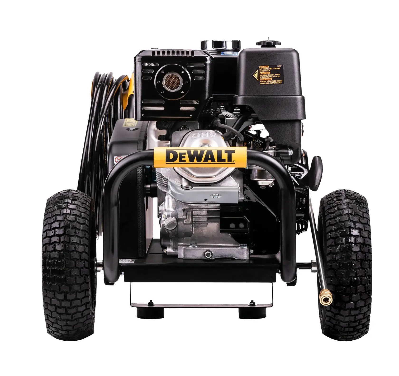 Front view of a DEWALT industrial pressure washer with large rugged tires, a metal frame, engine, and hose attachment, shown against a white background.