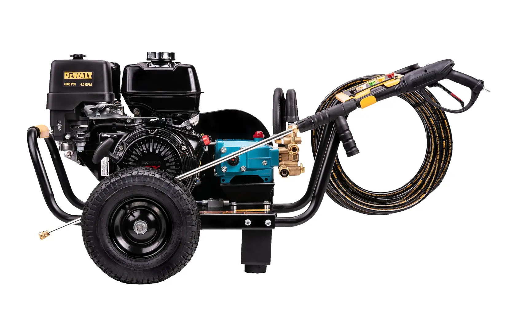 A DEWALT industrial pressure washer featuring a powerful engine, sturdy wheels, a long hose coiled around the frame, and a spray gun with a metal wand. The machine is designed for heavy-duty outdoor cleaning tasks.