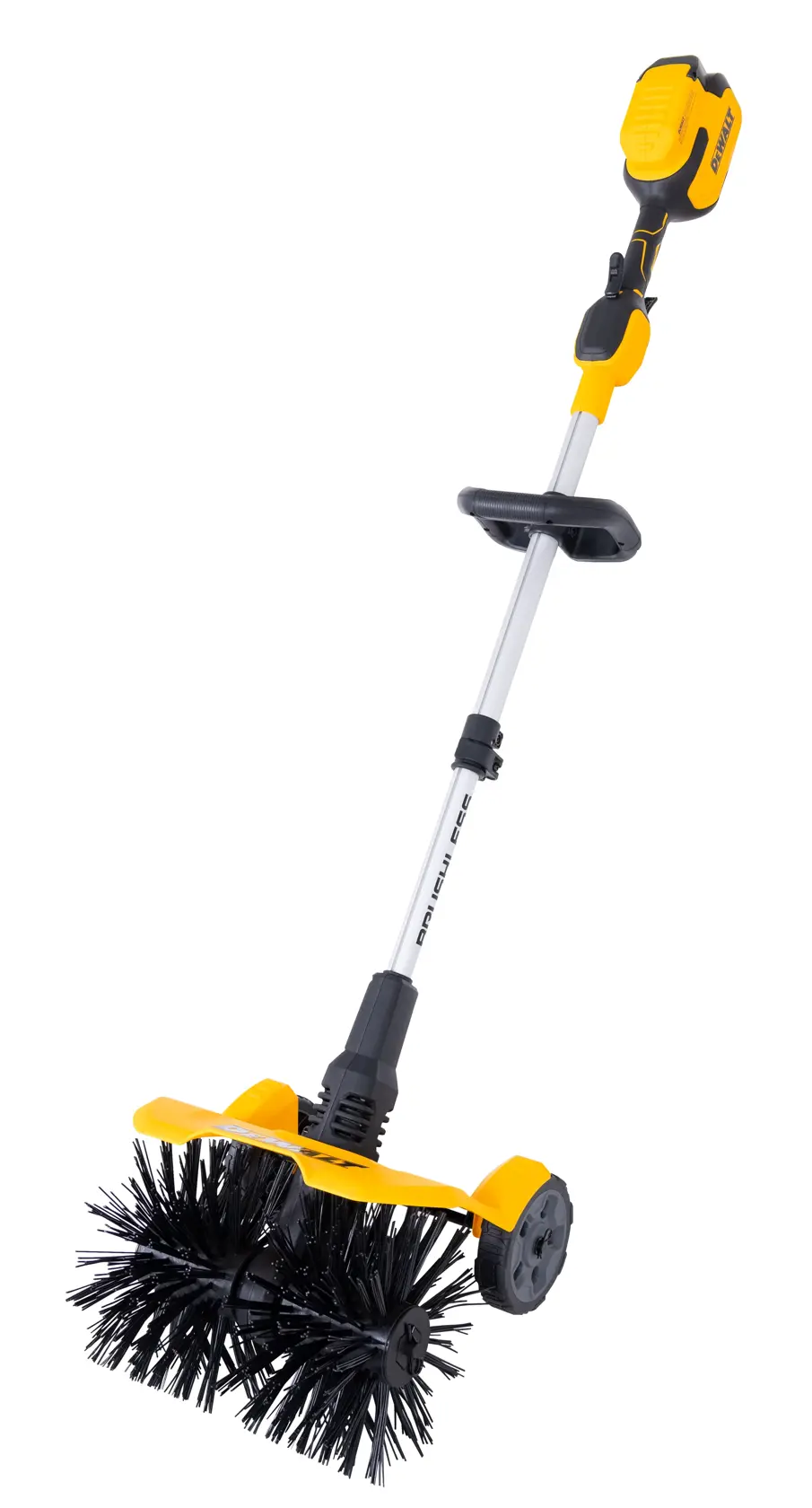 A DEWALT power brush with a long handle, black bristle cylindrical roller, yellow and black motor unit, and wheels, designed for cleaning outdoor surfaces.