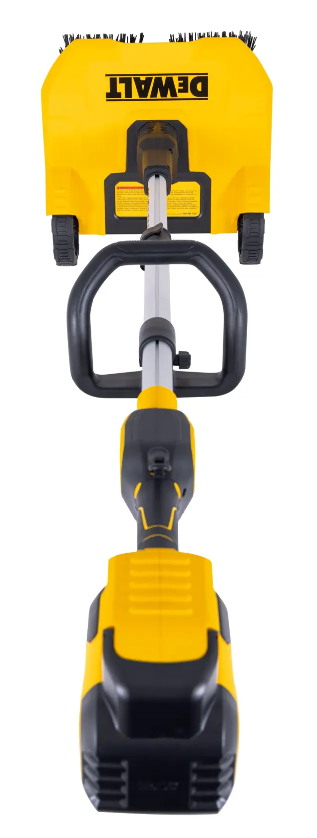 A yellow and black DEWALT power tool photographed from above, showing its handle, battery, and brush attachment. The tool features a D-shaped handle and rugged design.