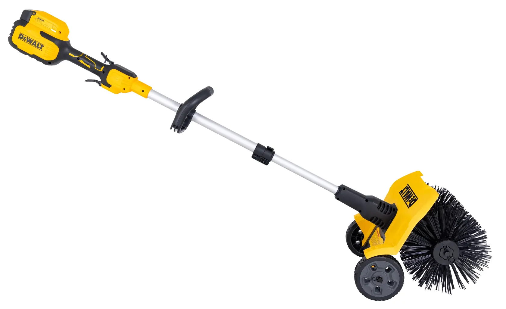 A DEWALT branded power brush with a yellow and black body, featuring a long silver handle, two wheels, and a rotating brush head on one end. The device is designed for outdoor cleaning tasks.